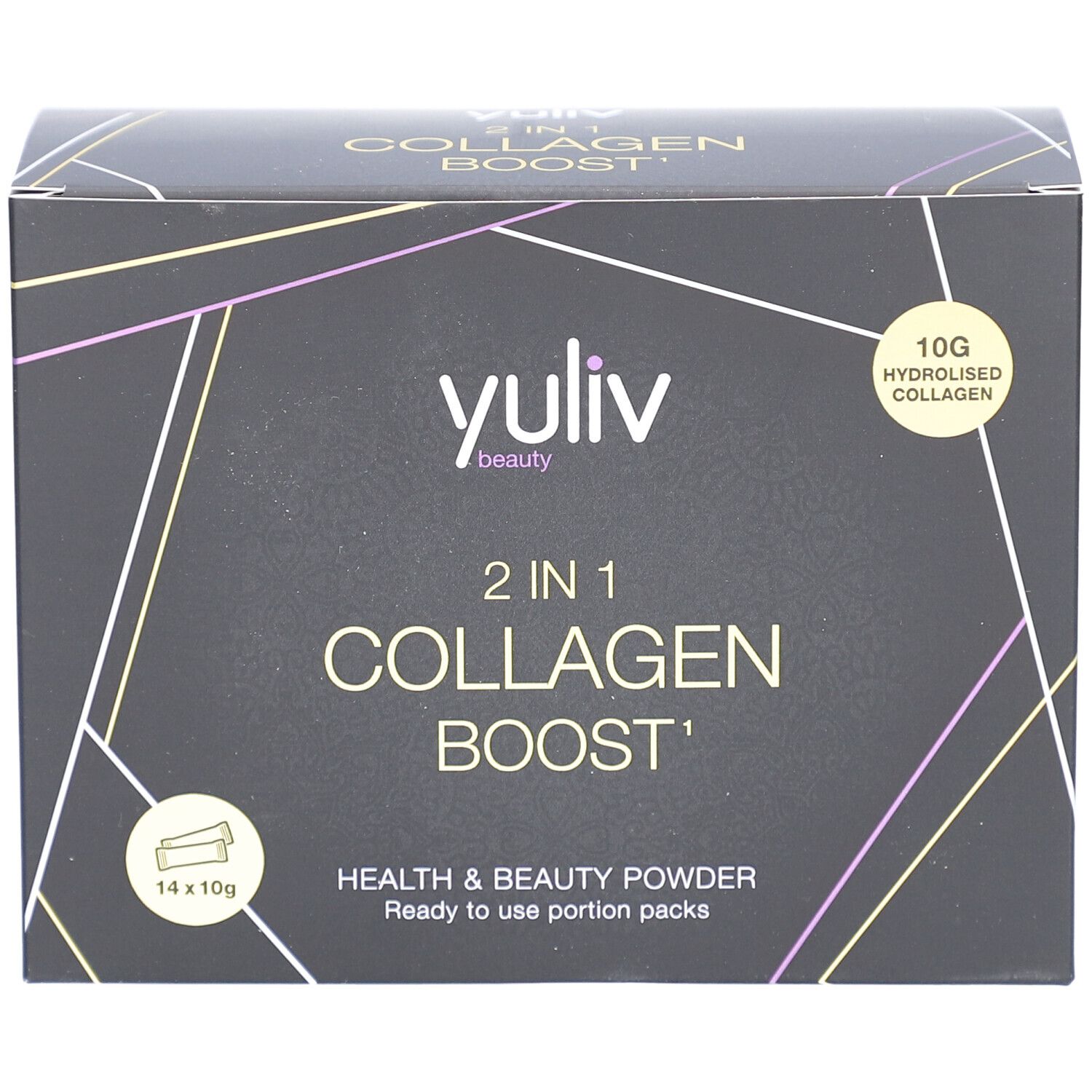 Schwarze Schachtel mit Yuliv 2 in 1 Collagen Boost. 14 x 10g Portionen. Enthält hydrolysiertes Kollagen. Health & Beauty.