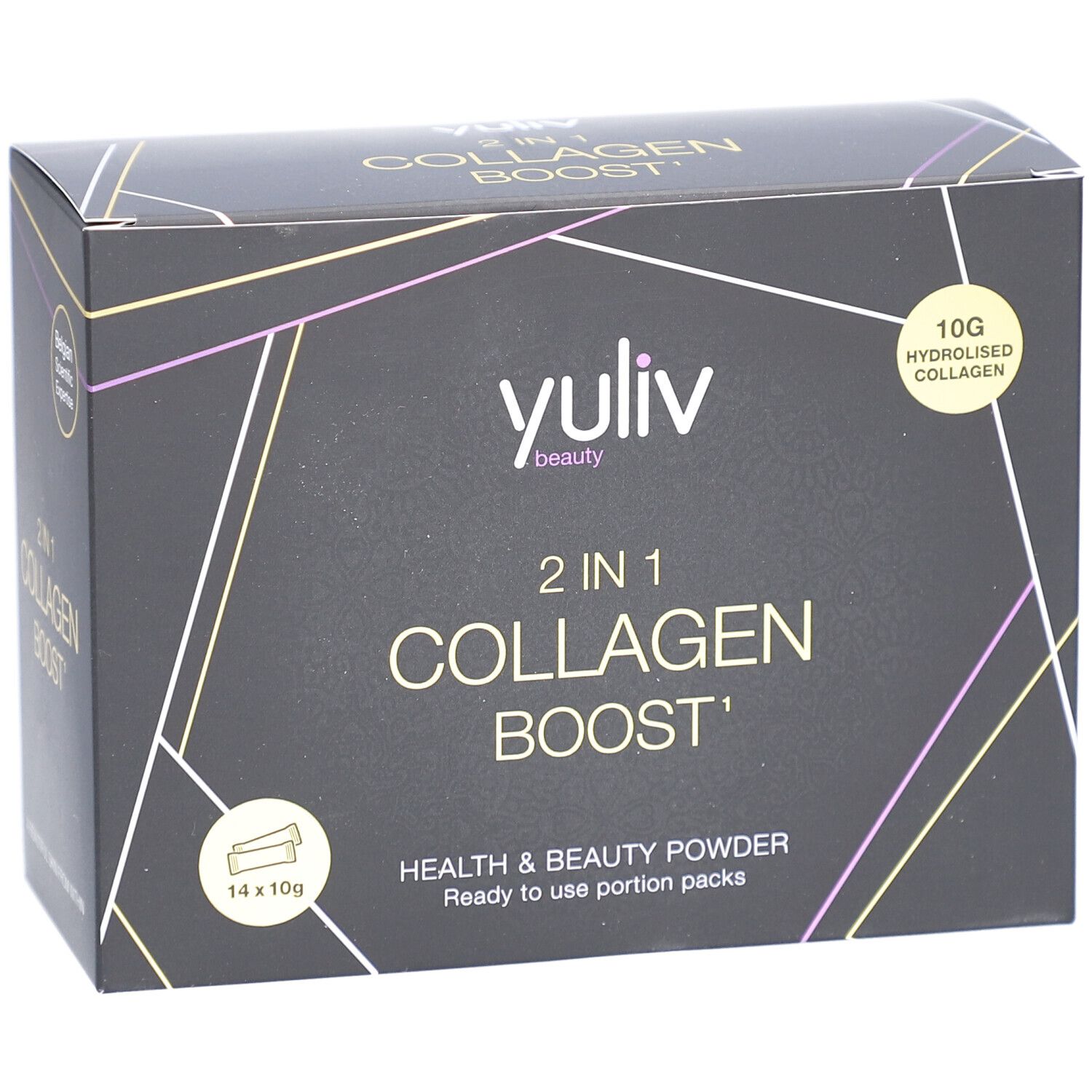 Schwarze Schachtel mit Yuliv 2 in 1 Collagen Boost. 14 x 10g Portionen. Enthält hydrolysiertes Kollagen. Health & Beauty.