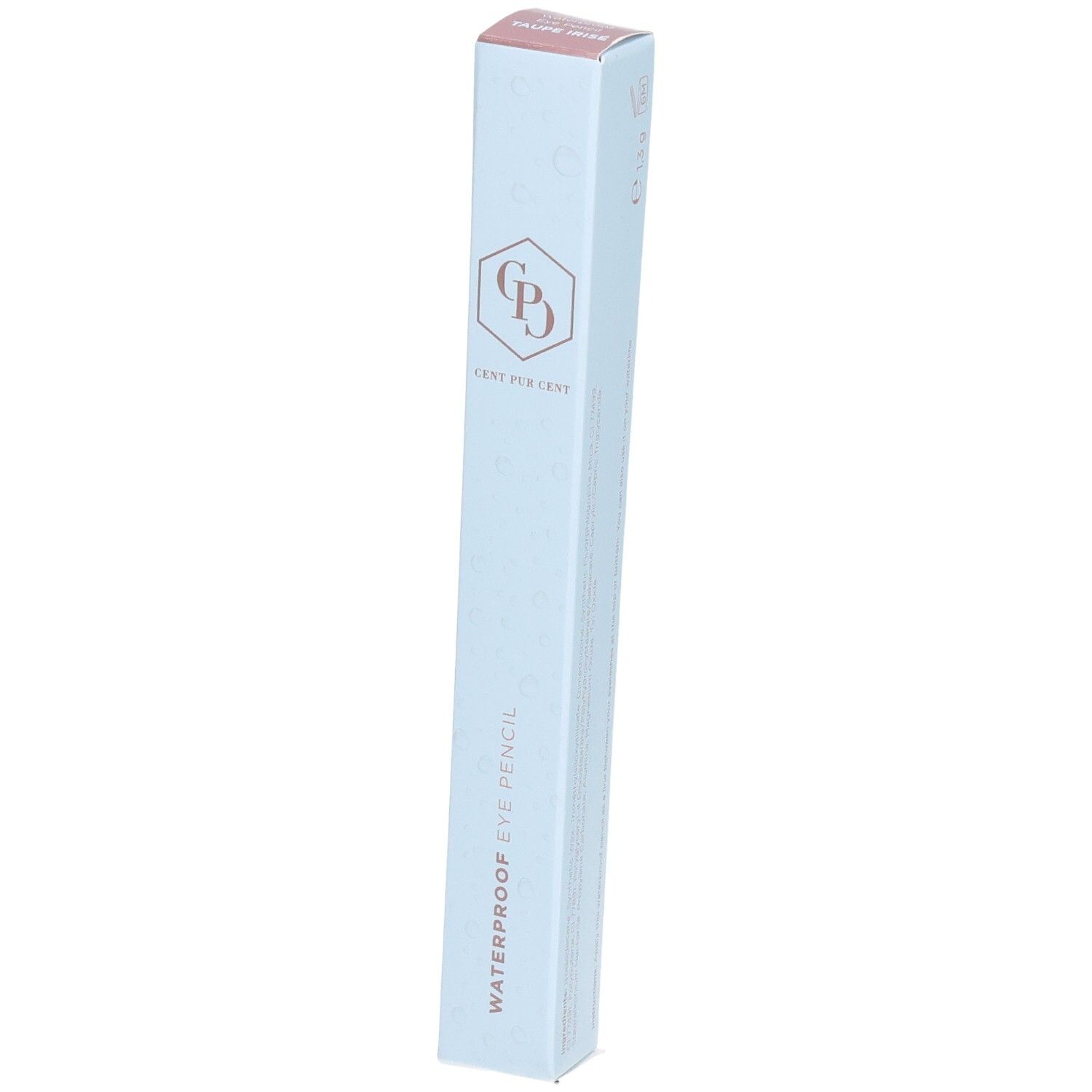 Schmale, hellblaue Verpackung. Aufdruck: Logo, "Crayon Pur Cent", "Waterproof Eye Pencil". Rosa Deckel.