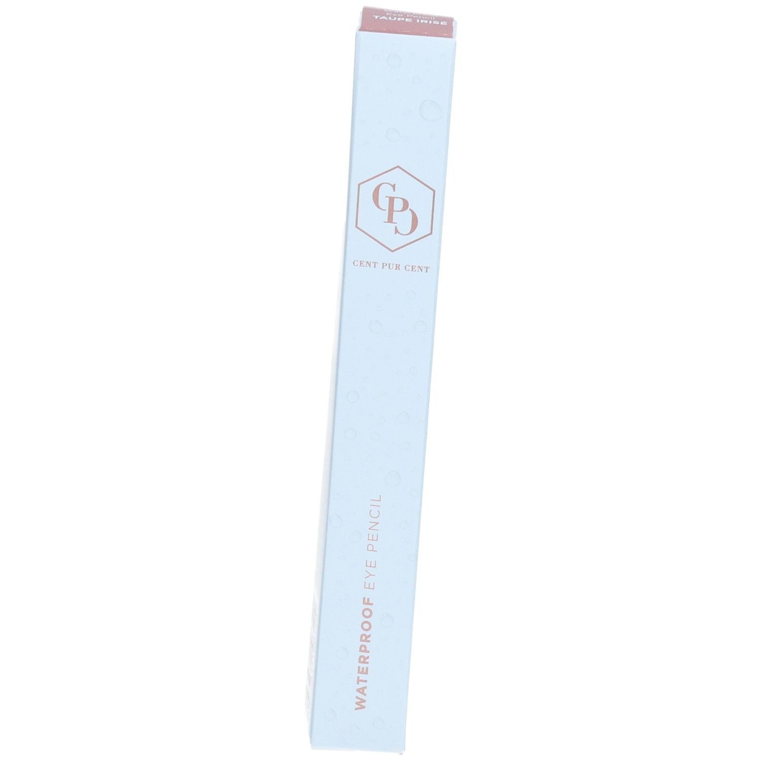 Hellblaue Verpackung. Aufdruck: Logo, "Crayon Pur Cent", "Waterproof Eye Pencil". Rosa Deckel.