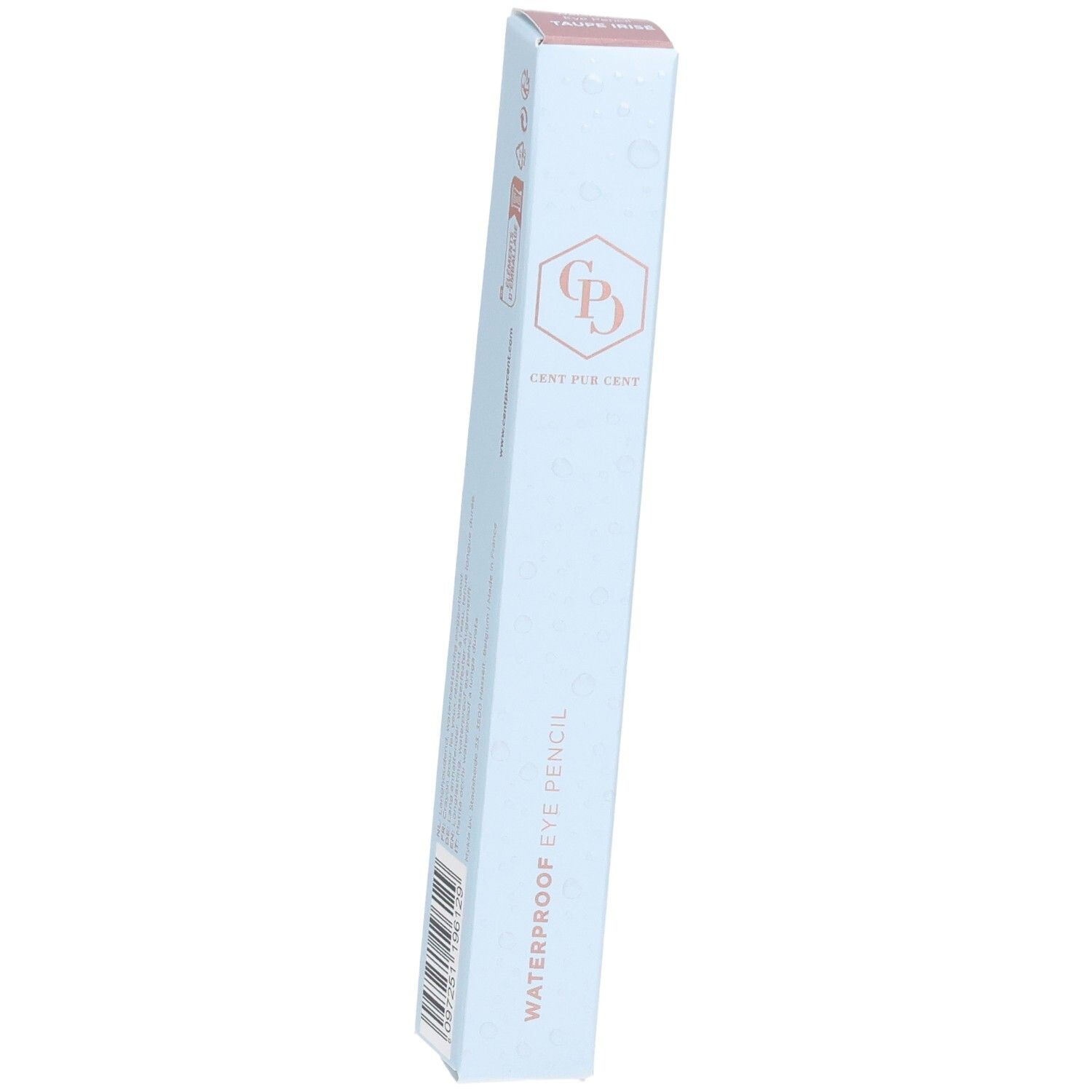 Hellblaue Verpackung. Aufdruck: Logo, "Crayon Pur Cent", "Waterproof Eye Pencil". Rosa Deckel.