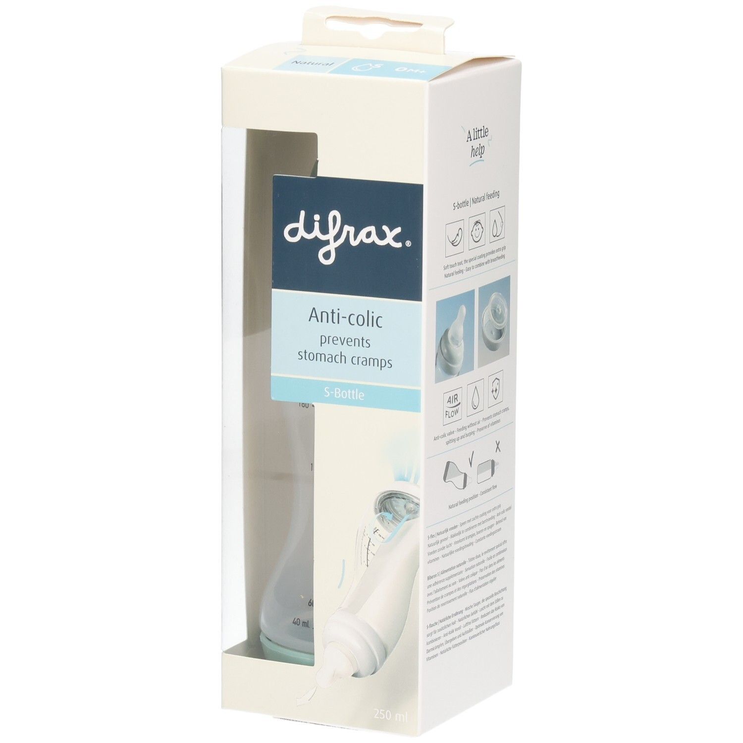 Verpackung mit Babyflasche. Sichtbar: Markenname, Anti-Kolik-Funktion, S-Flasche. Teilweise transparente Verpackung.
