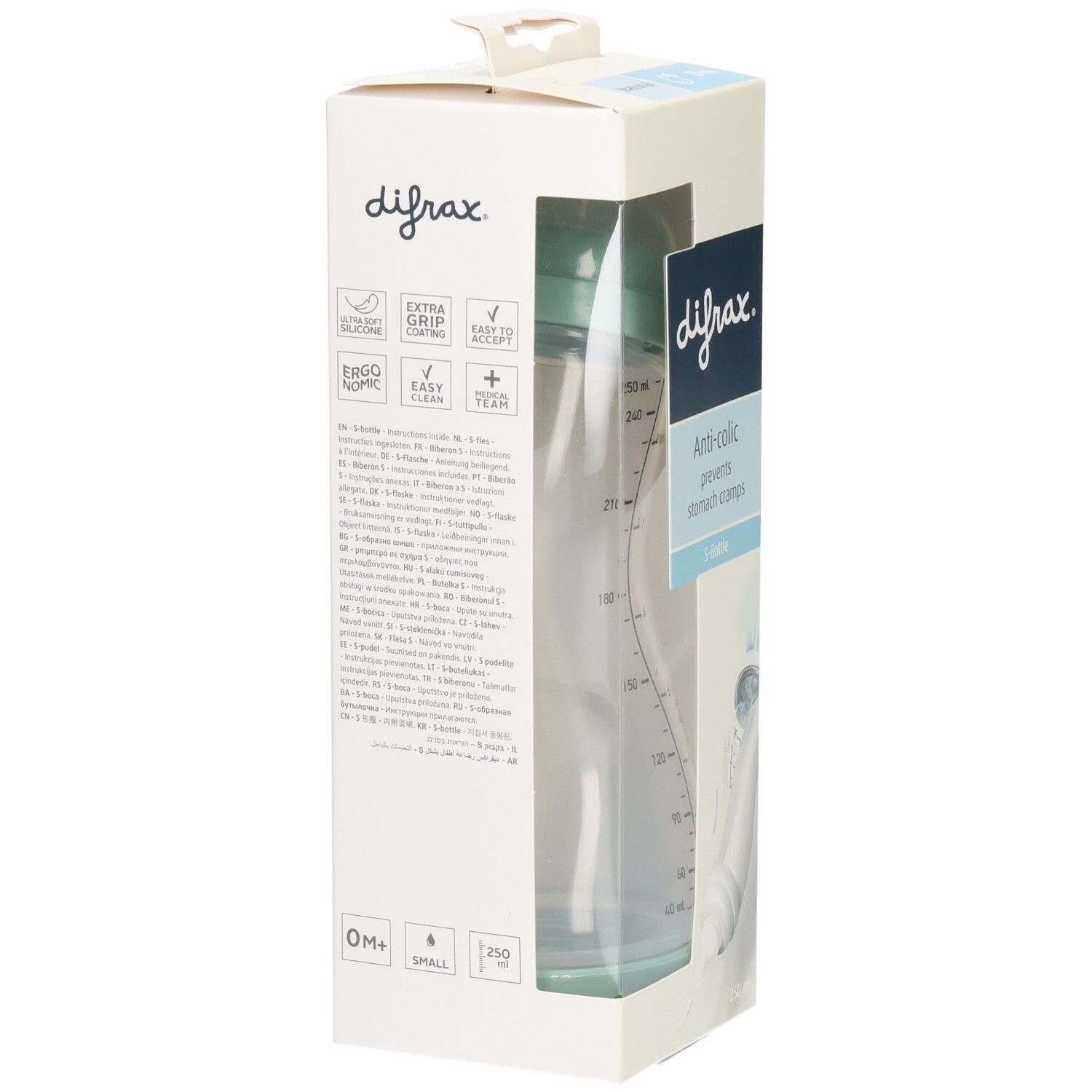 Babyflasche in Verpackung. Sichtbar: Markenname, Anti-Kolik-Funktion, Messskala. Flasche aus transparentem Material.