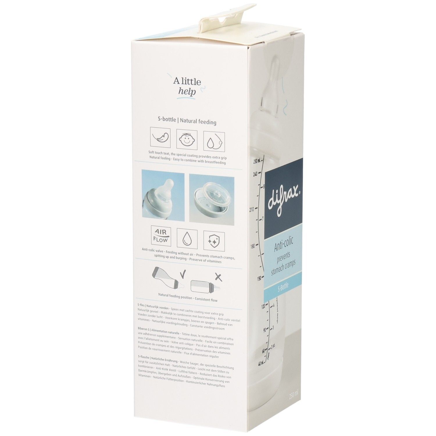 Verpackung mit Babyflasche. Sichtbar: Markenname, Anti-Kolik-Funktion, Illustrationen. Weißer Karton.
