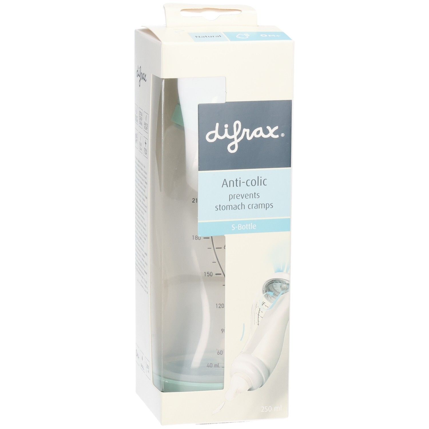 Babyflasche in Verpackung. Sichtbar: Markenname, Anti-Kolik-Funktion, Messskala. Flasche mit blauem Akzent.