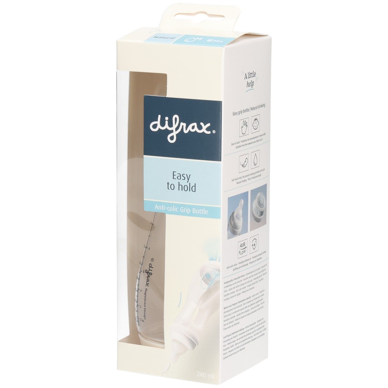 Verpackung mit Babyflasche. Sichtbar: Marke Difrax, Schriftzug "Easy to hold". Flasche aus transparentem Kunststoff.