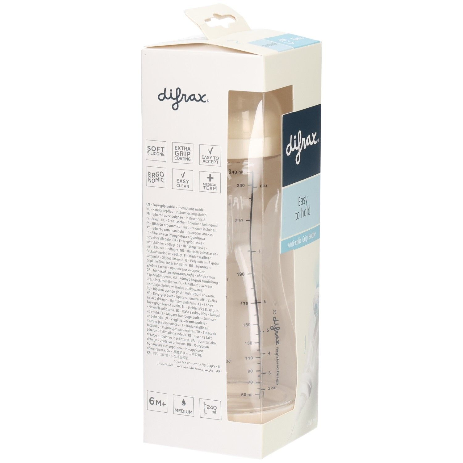 Verpackung mit Babyflasche. Sichtbar: Marke Difrax, Schriftzug "Easy to hold". Flasche mit Messskala.