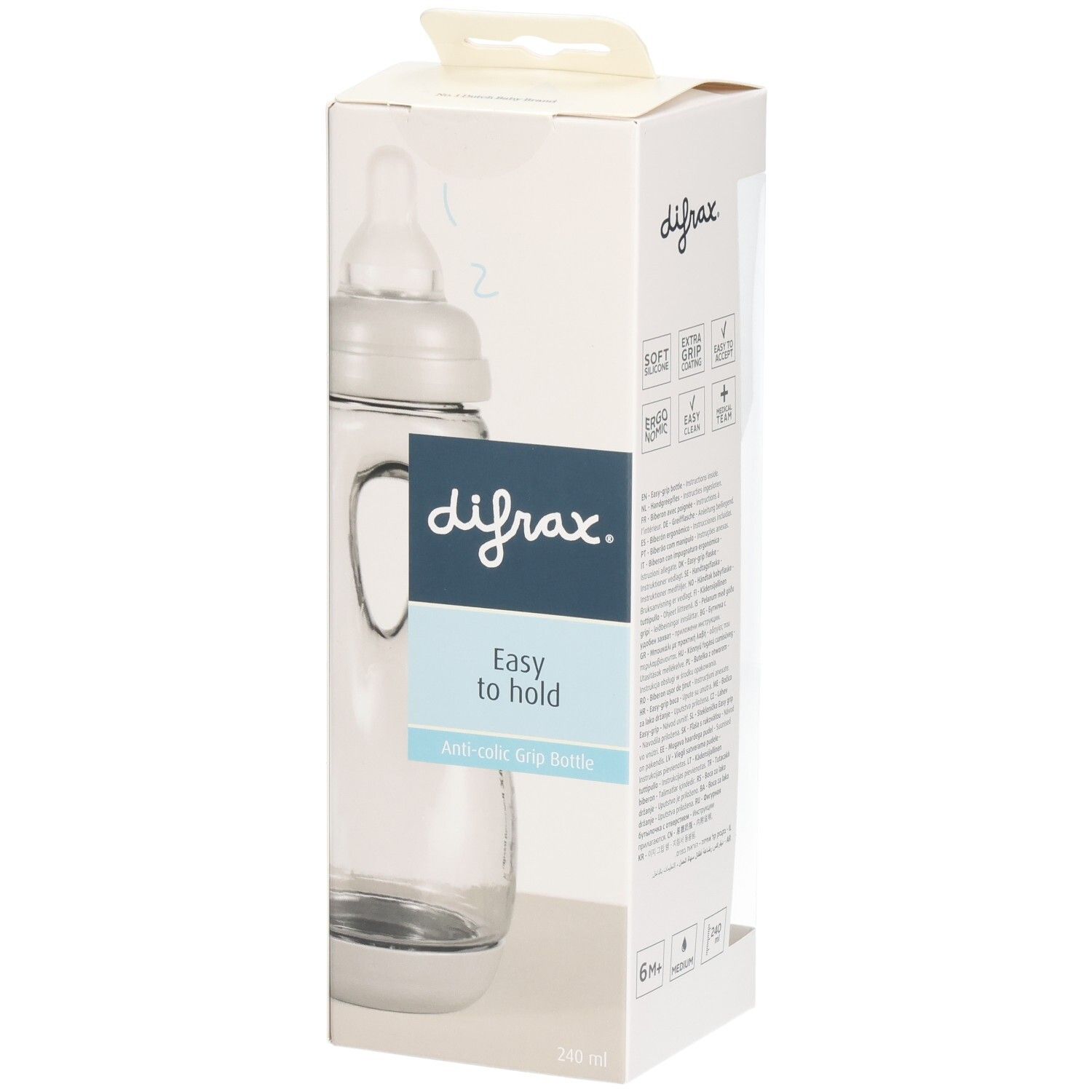 Verpackung mit Babyflasche. Sichtbar: Marke Difrax, Schriftzug "Easy to hold". Flasche mit Griffen.