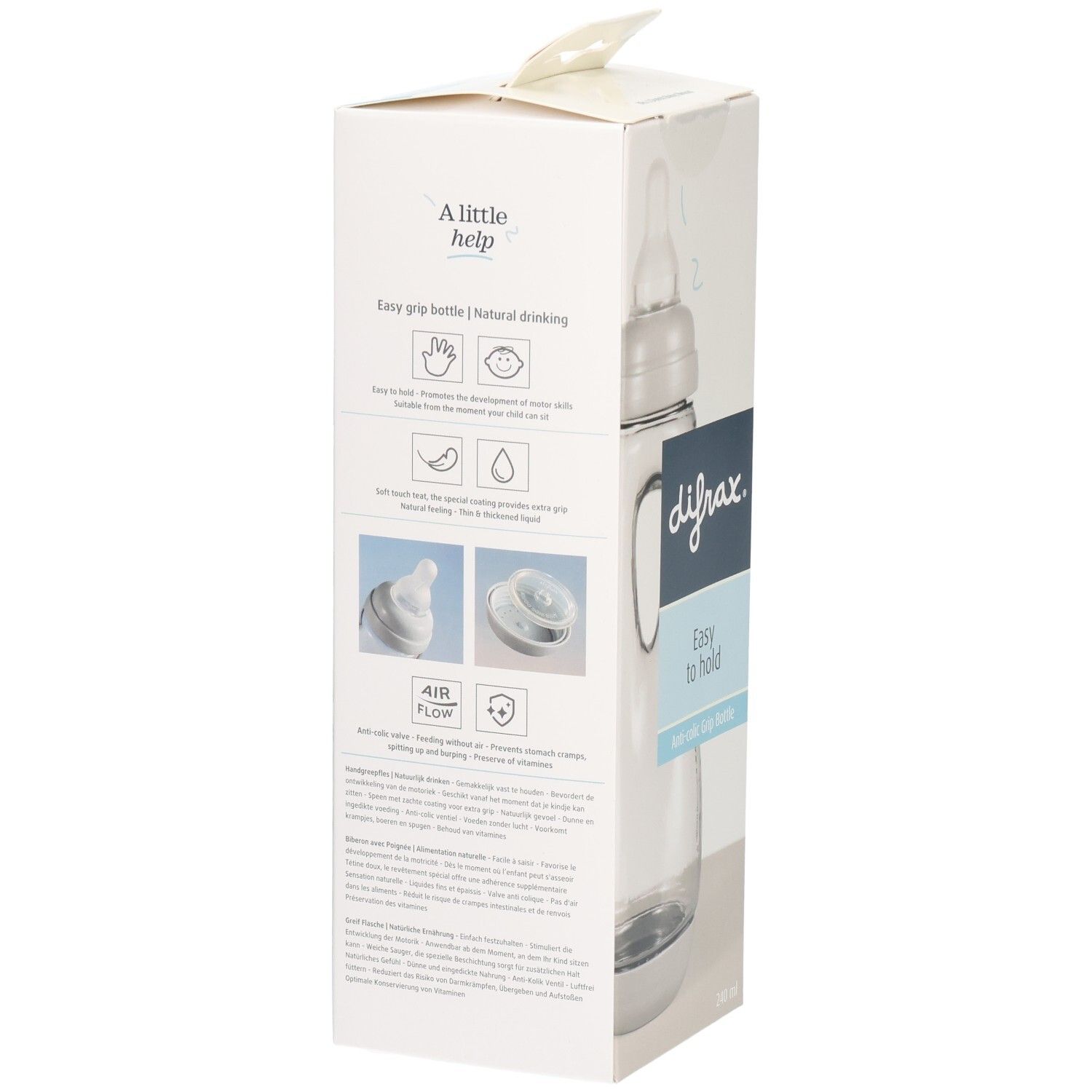 Verpackung mit Babyflasche. Sichtbar: Marke Difrax, Schriftzug "Easy to hold". Illustrationen zur Flaschenfunktion.