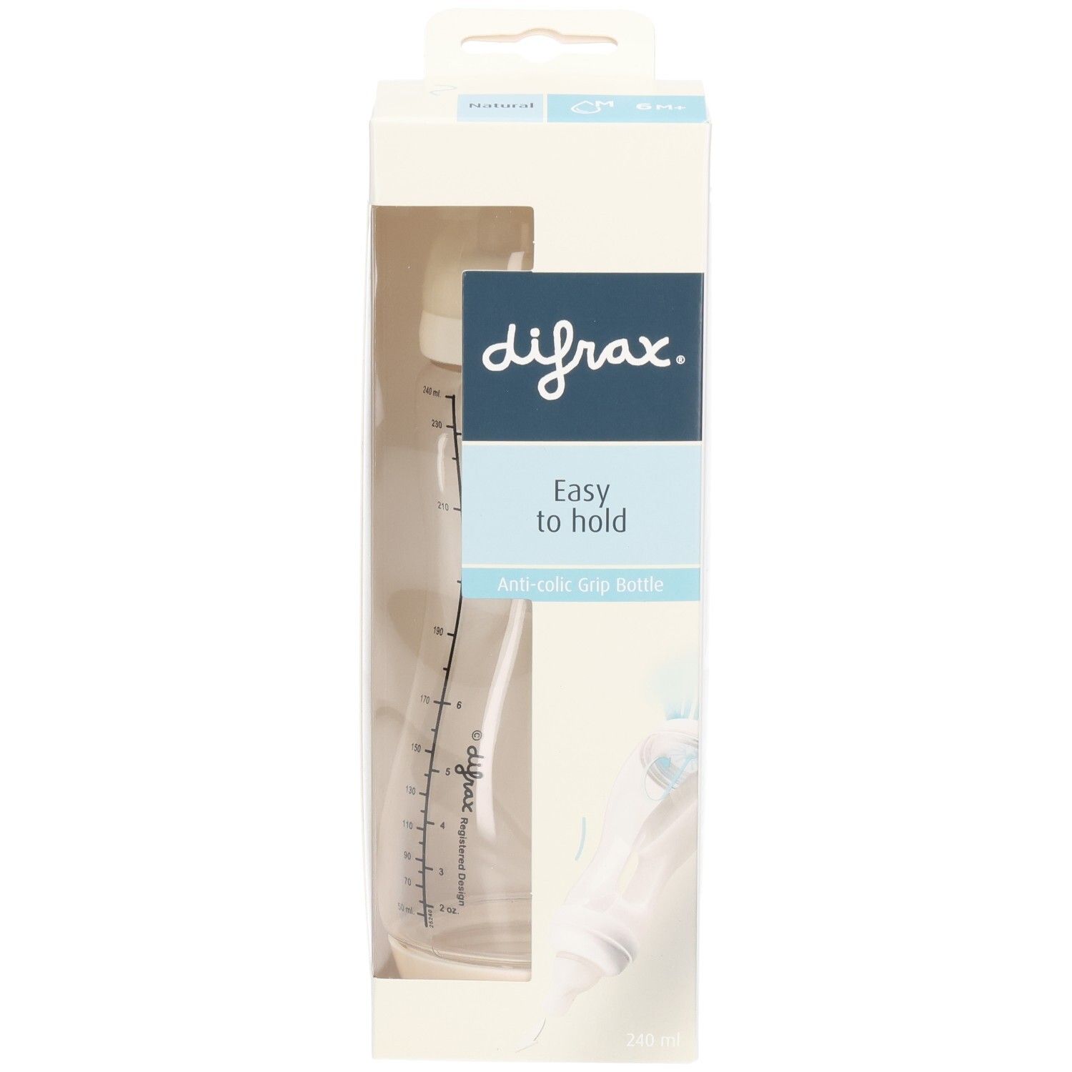 Verpackung mit Babyflasche. Sichtbar: Marke Difrax, Schriftzug "Easy to hold". Flasche mit Messskala.