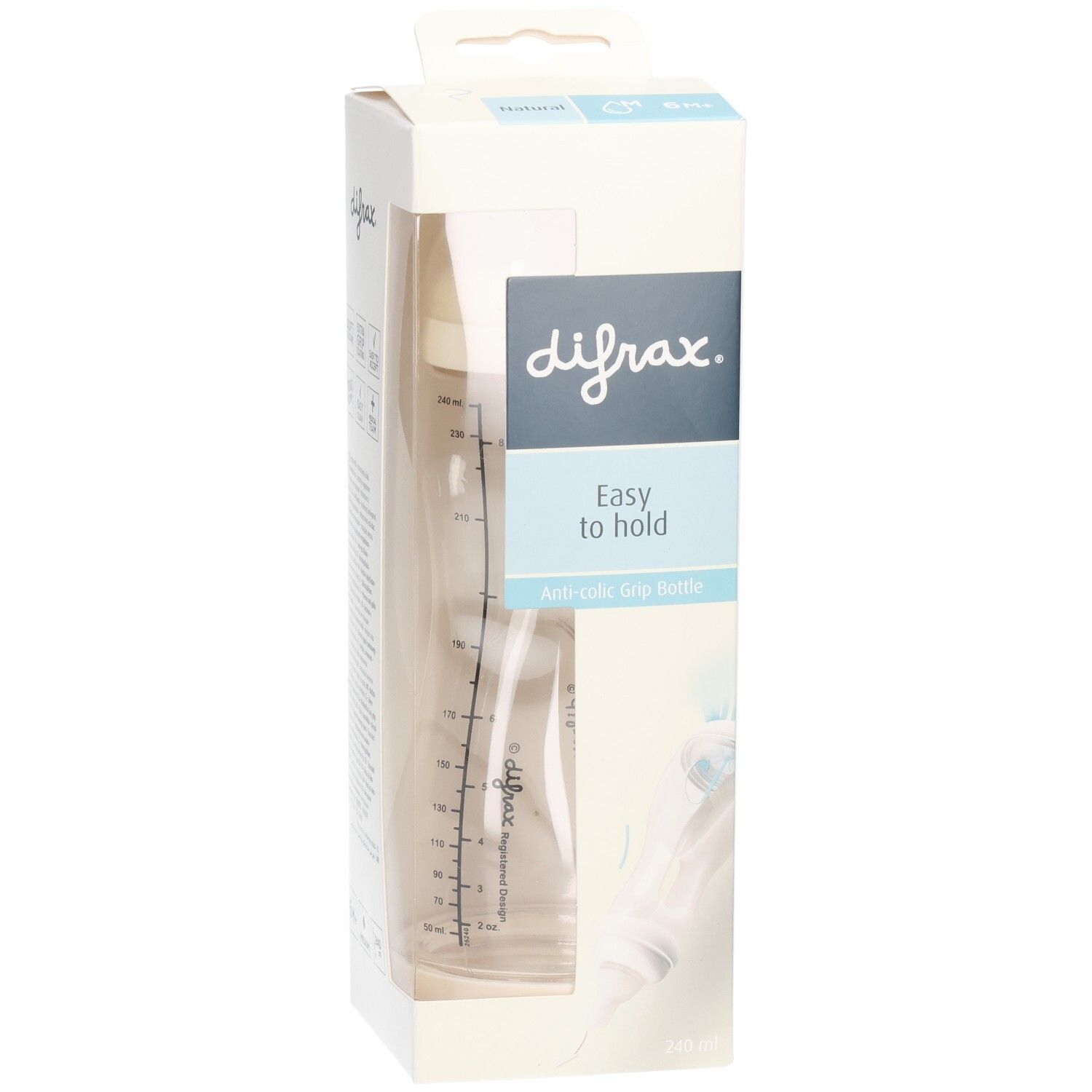 Verpackung mit Babyflasche. Sichtbar: Marke Difrax, Schriftzug "Easy to hold". Flasche mit Messskala.