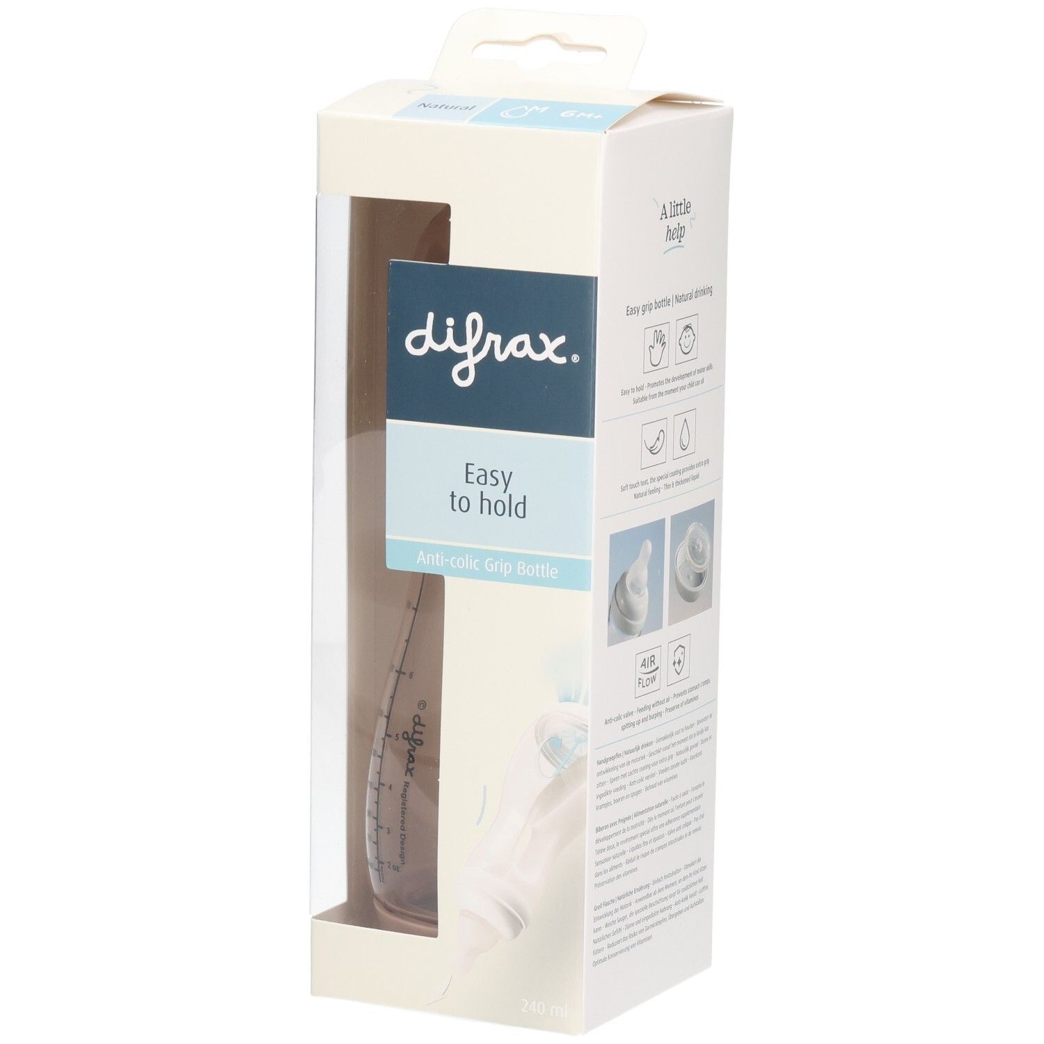 Babyflasche in Verpackung. Sichtbar: Marke Difrax, Schriftzug "Easy to hold". Verpackung mit Fenster.