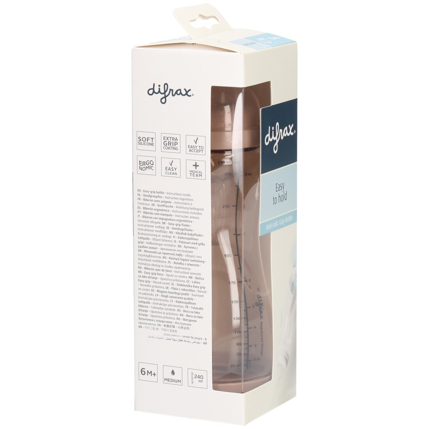 Babyflasche in Verpackung. Sichtbar: Marke Difrax, Schriftzug "Easy to hold". Flasche braun getönt.