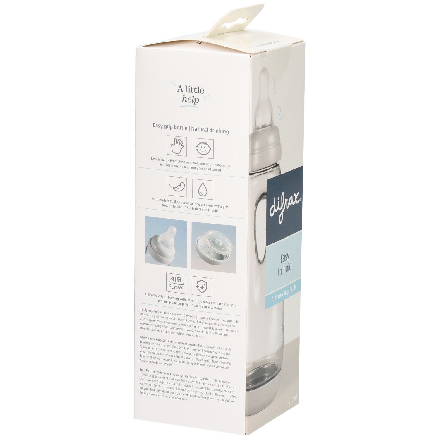 Babyflasche in Verpackung. Sichtbar: Marke Difrax, Schriftzug "Easy to hold". Flasche mit Griffen.