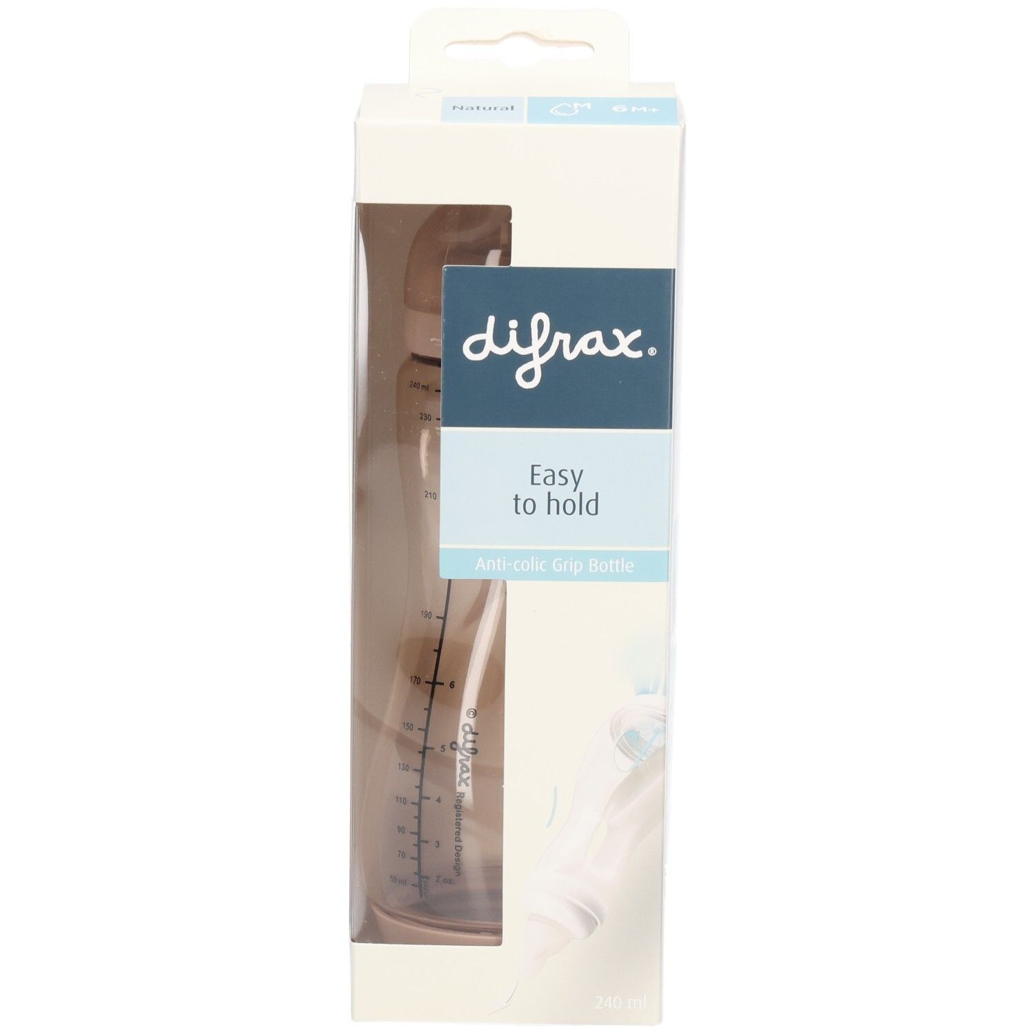 Babyflasche in Verpackung. Sichtbar: Marke Difrax, Schriftzug "Easy to hold". Flasche braun getönt.
