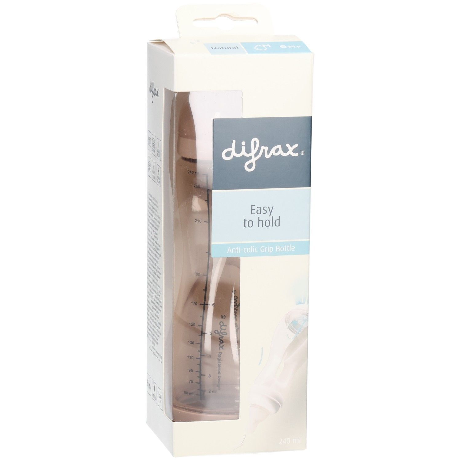 Babyflasche in Verpackung. Sichtbar: Marke Difrax, Schriftzug "Easy to hold". Flasche braun getönt.