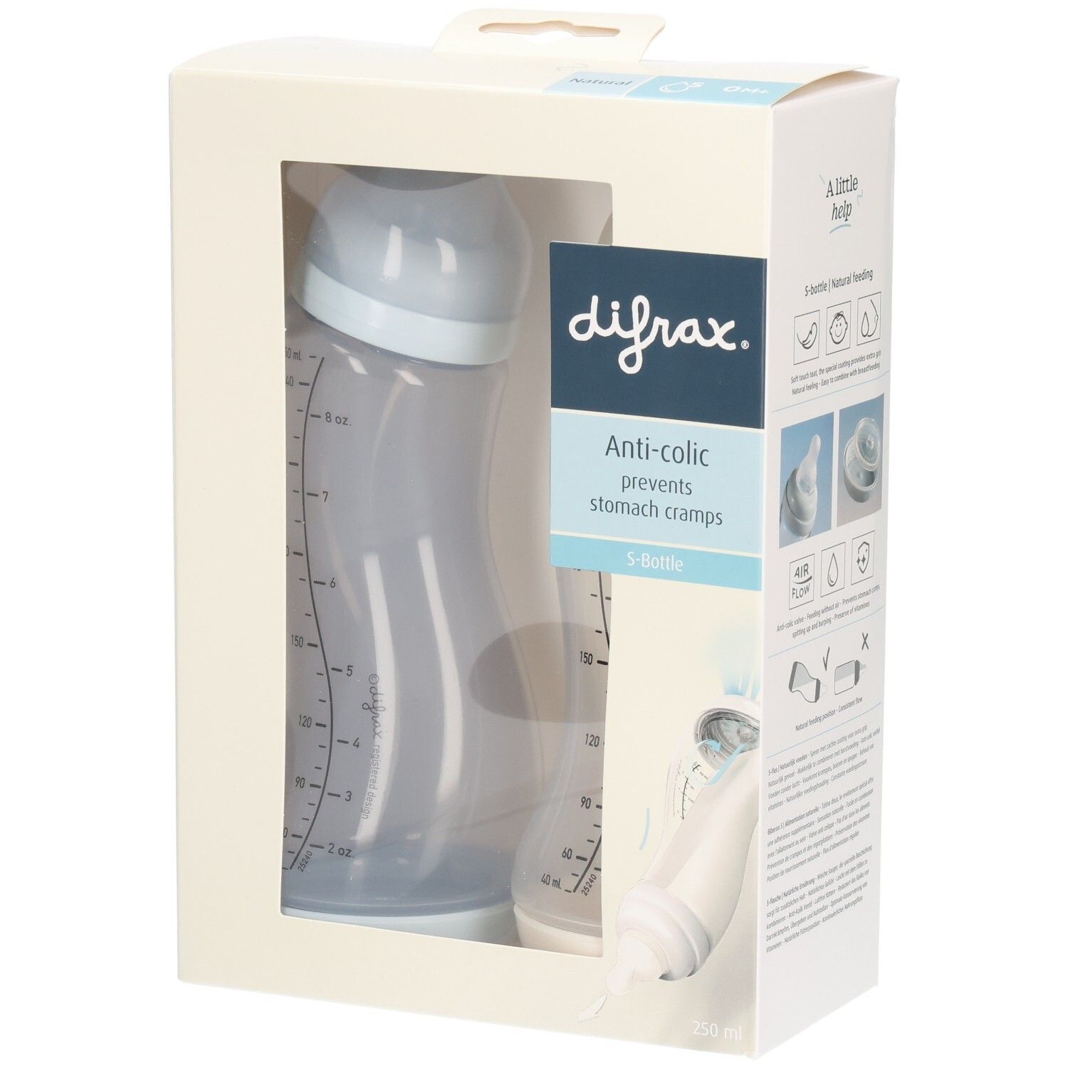 Verpackung mit zwei Babyflaschen. Die Flaschen sind blau und transparent. Auf der Verpackung steht "difrax" und "Anti-colic".