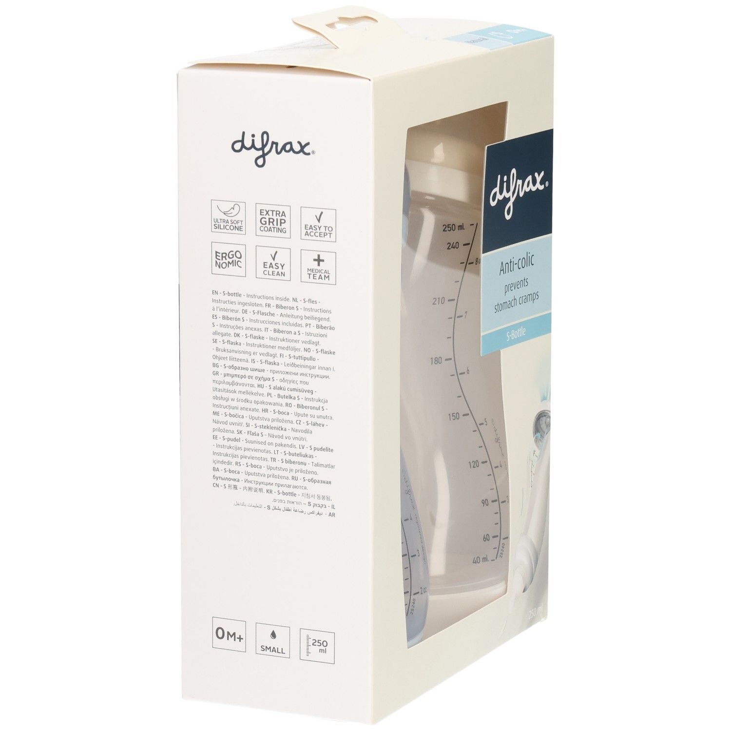 Verpackung mit einer Babyflasche. Die Flasche ist transparent. Auf der Verpackung steht "difrax" und "Anti-colic".