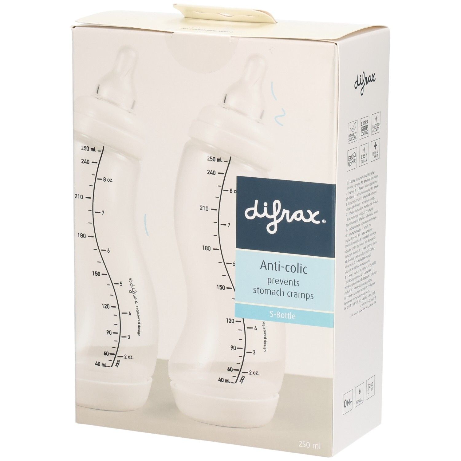 Verpackung mit zwei Babyflaschen. Die Flaschen sind transparent. Auf der Verpackung steht "difrax" und "Anti-colic".