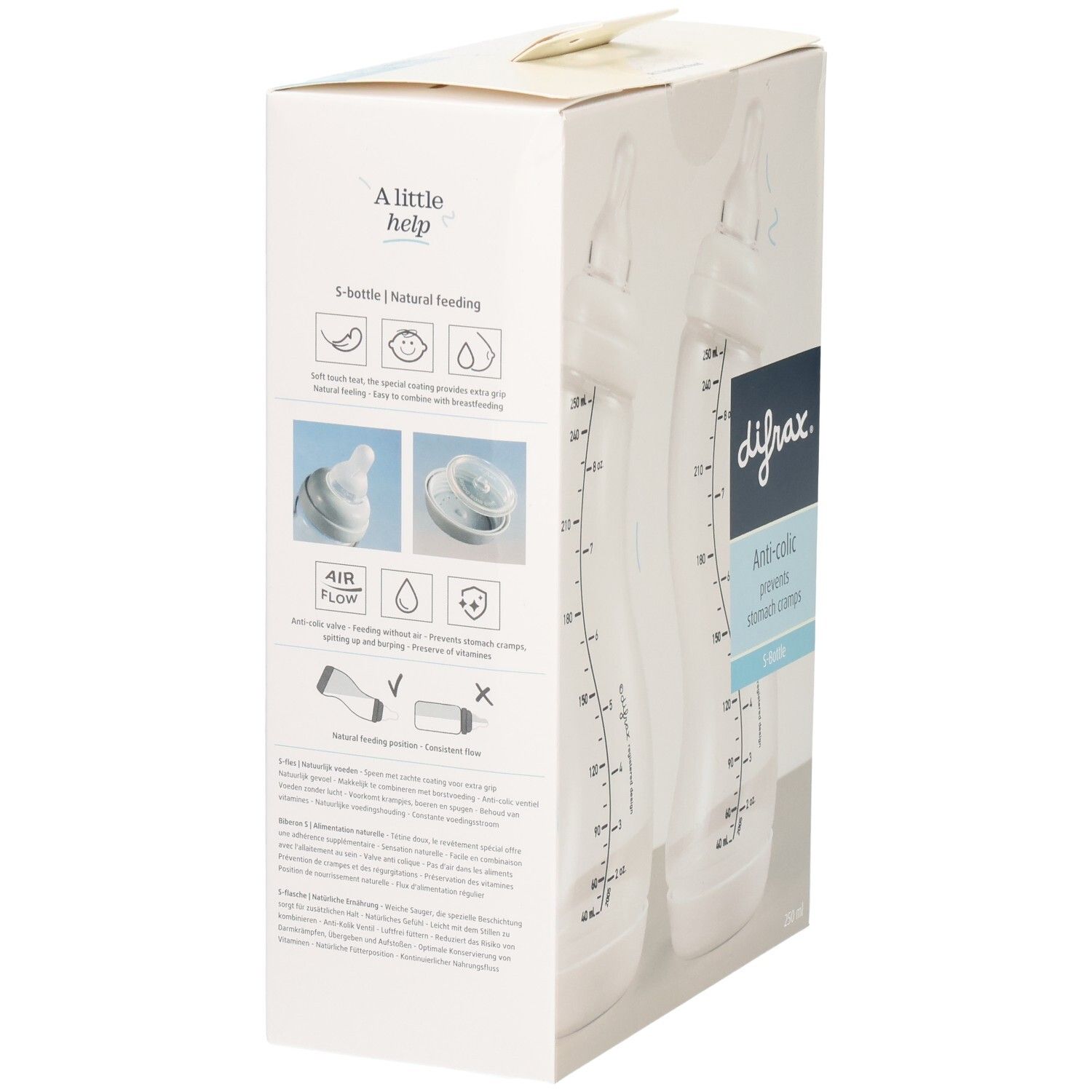 Verpackung mit zwei Babyflaschen. Auf der Verpackung stehen Informationen und das Logo von "difrax".