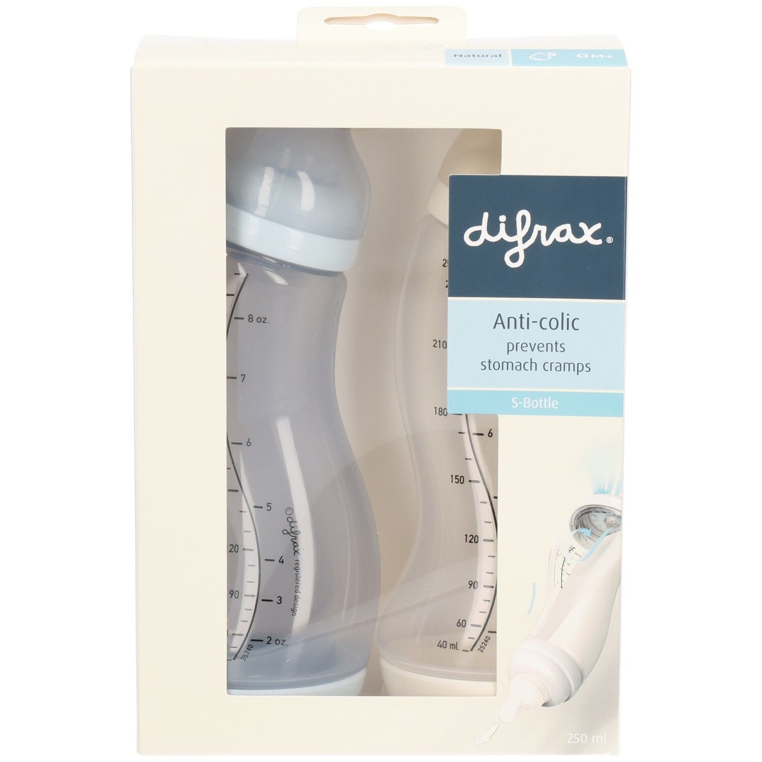 Verpackung mit zwei Babyflaschen. Die Flaschen sind blau und transparent. Auf der Verpackung steht "difrax" und "Anti-colic".