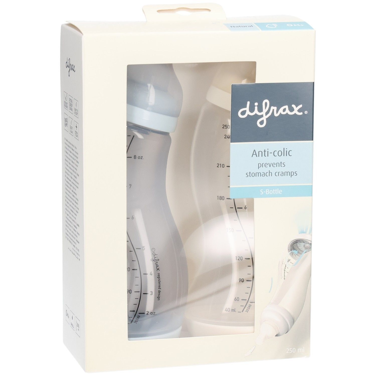 Verpackung mit zwei Babyflaschen. Die Flaschen sind blau und transparent. Auf der Verpackung steht "difrax" und "Anti-colic".