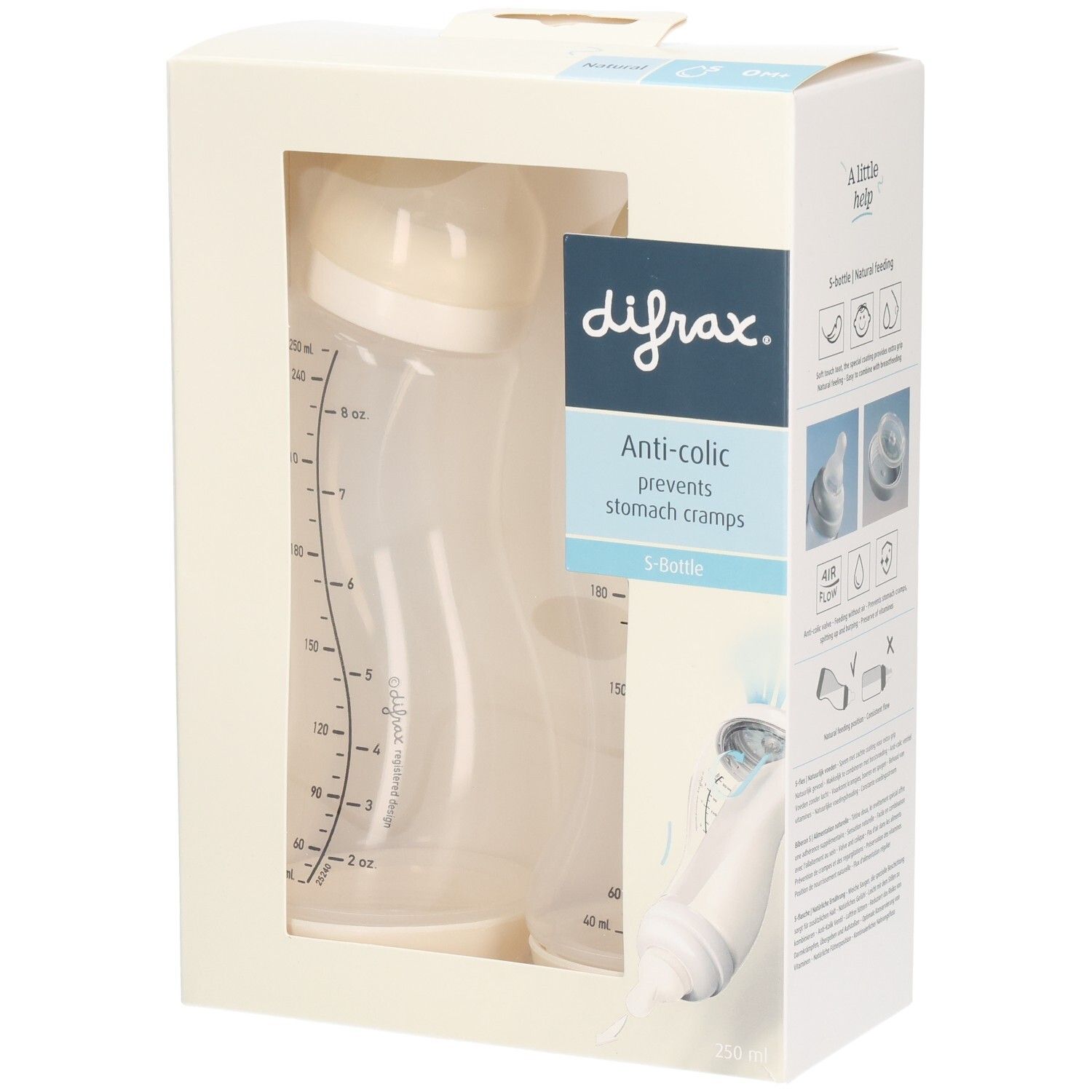 Babyflasche in Verpackung. Marke difrax. Anti-colic. Flasche mit Messskala. Beige und transparente Farben. S-Flasche.