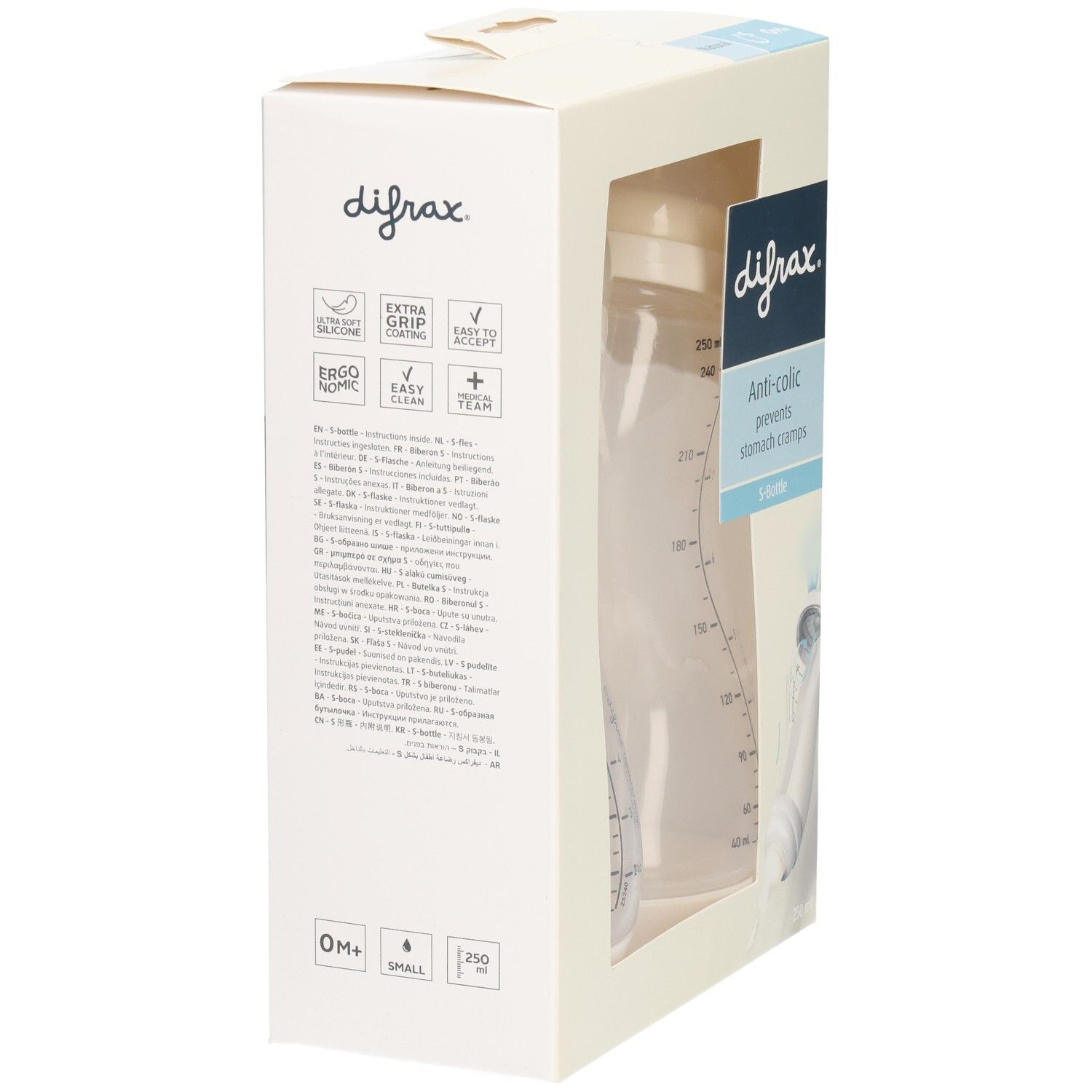 Verpackung mit Babyflasche. Marke difrax. Anti-colic. Flasche mit Messskala. Beige und transparente Farben. S-Flasche.