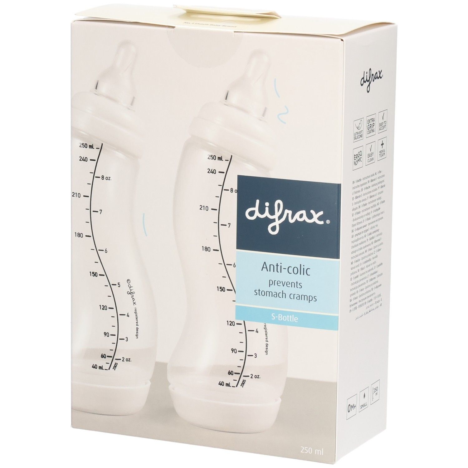 Doppelpack Babyflaschen in Verpackung. Marke difrax. Anti-colic. Flaschen mit Messskala. Beige und transparente Farben. S-Flasche.
