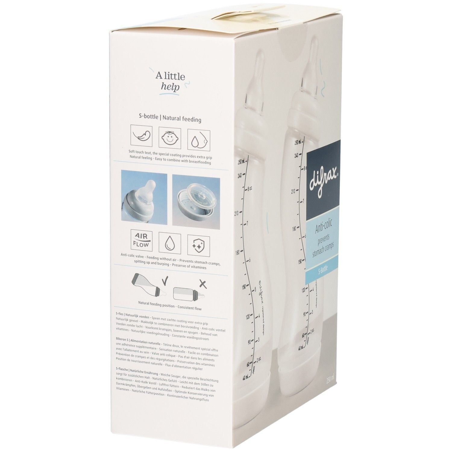 Verpackung mit zwei Babyflaschen. Marke difrax. Anti-colic. Flaschen mit Messskala. Beige und transparente Farben. S-Flasche.