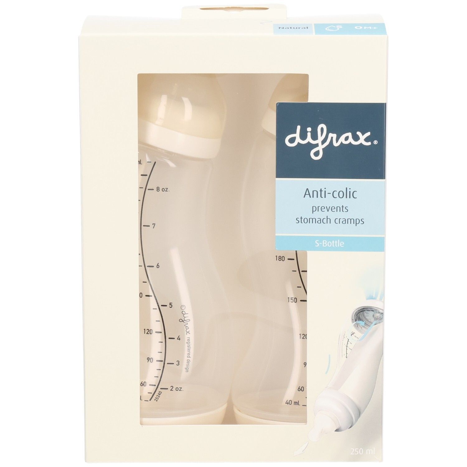 Doppelpack Babyflaschen in Verpackung. Marke difrax. Anti-colic. Flaschen mit Messskala. Beige und transparente Farben. S-Flasche.