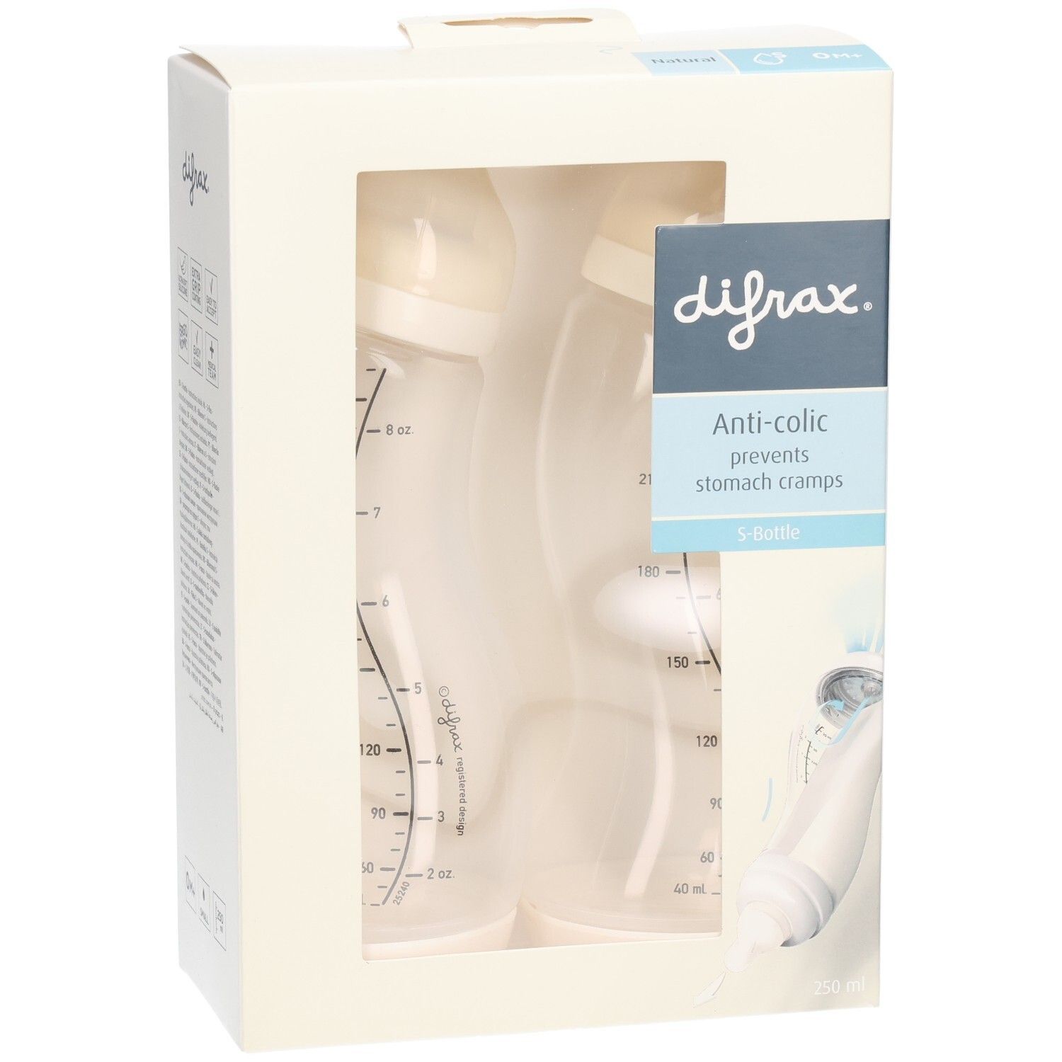 Doppelpack Babyflaschen in Verpackung. Marke difrax. Anti-colic. Flaschen mit Messskala. Beige und transparente Farben. S-Flasche.