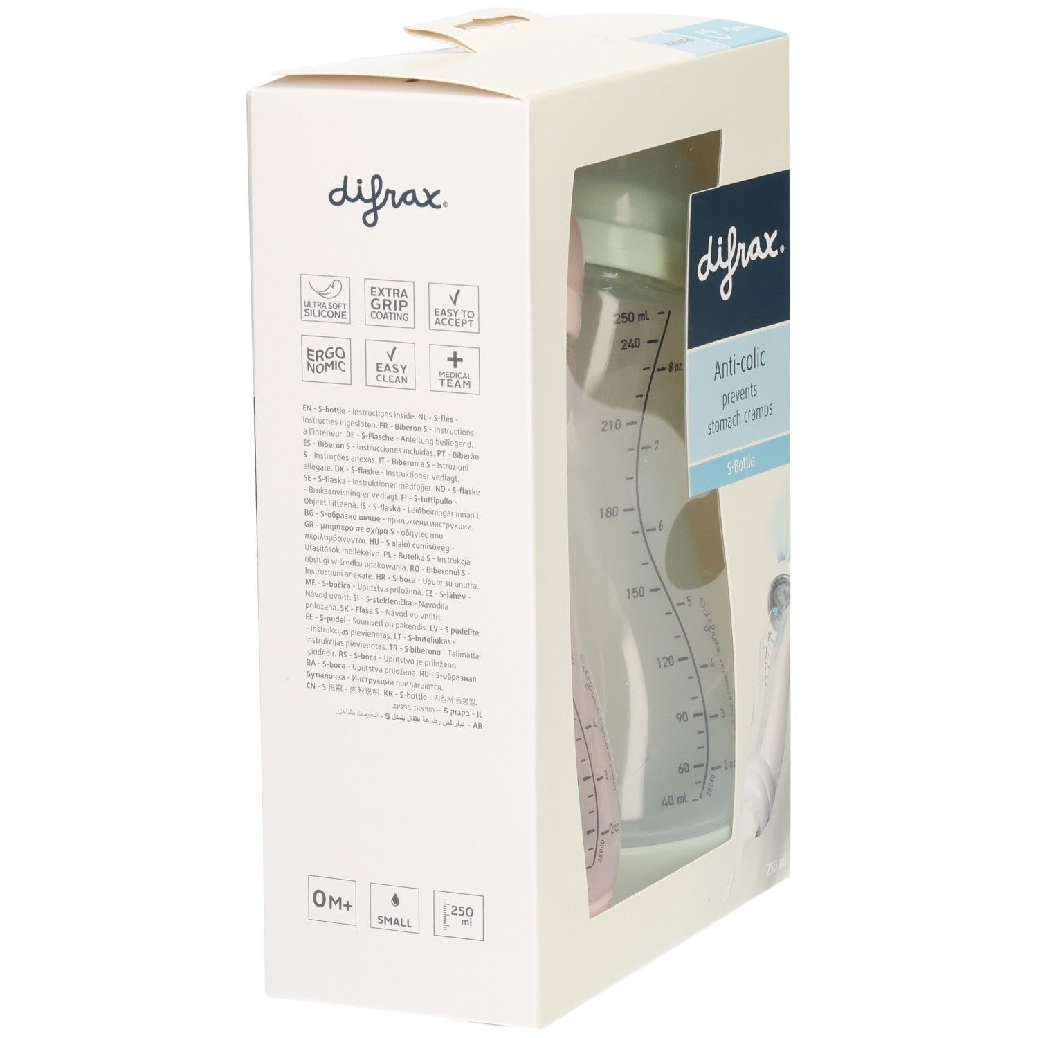Verpackung mit Babyflasche. Sichtbar: Flasche, Messskala, Text. Marke: difrax. Text: Anti-colic, verhindert Bauchkrämpfe. Zusätzliche Texte.