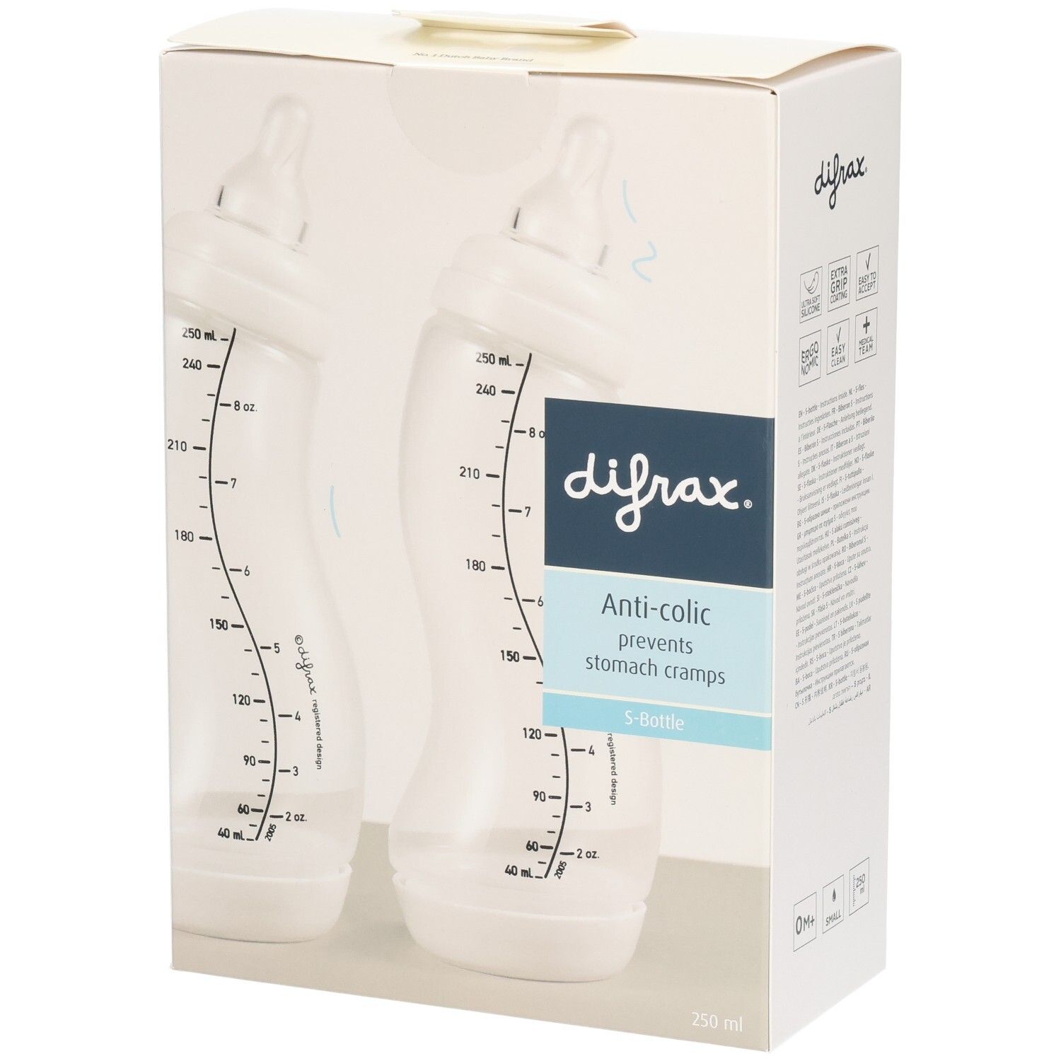 Verpackung mit zwei Babyflaschen. Sichtbar: Flaschen, Messskala. Marke: difrax. Text: Anti-colic, verhindert Bauchkrämpfe. 250 ml.