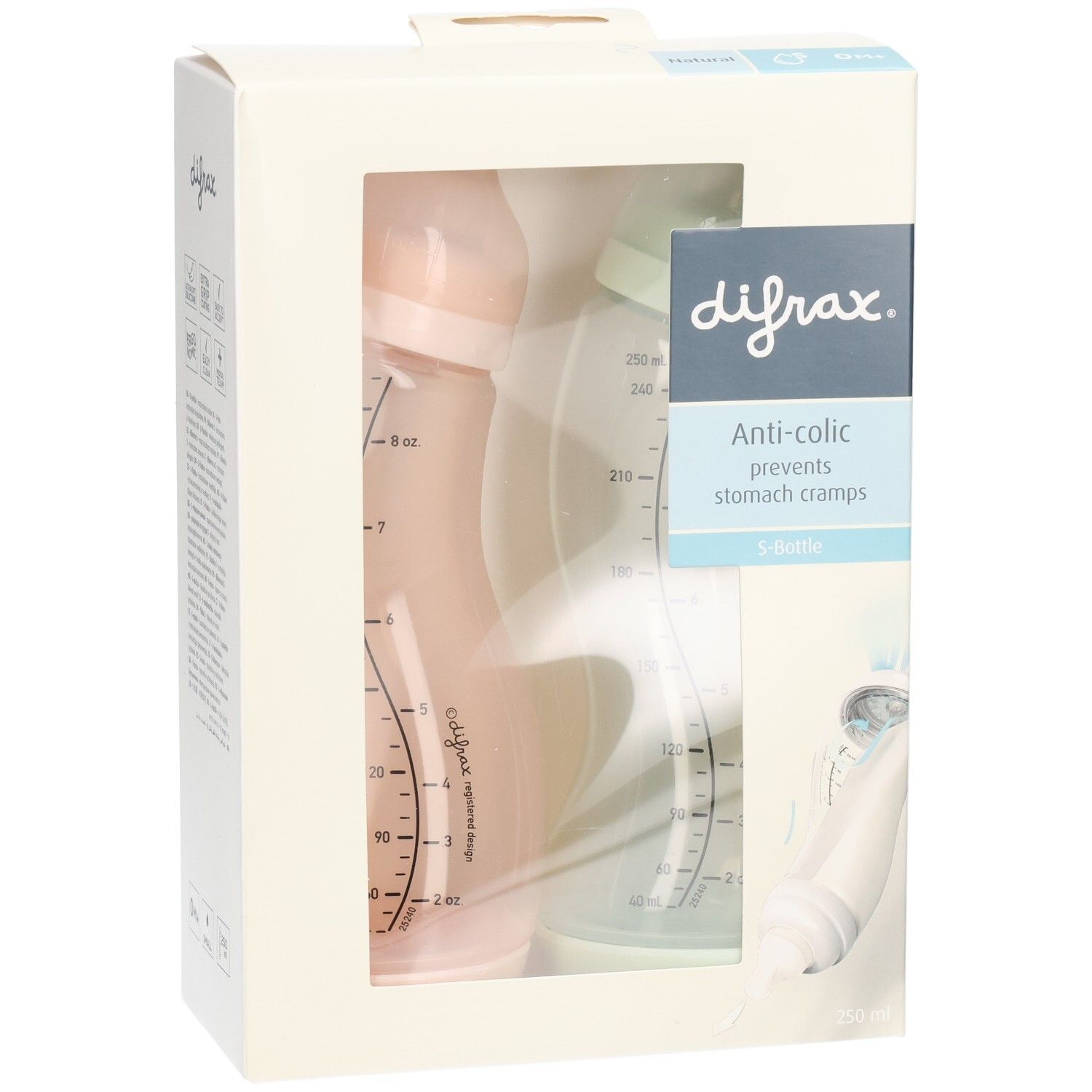 Verpackung mit zwei Babyflaschen. Sichtbar: Flaschen, Deckel, Messskala. Marke: difrax. Text: Anti-colic, verhindert Bauchkrämpfe.