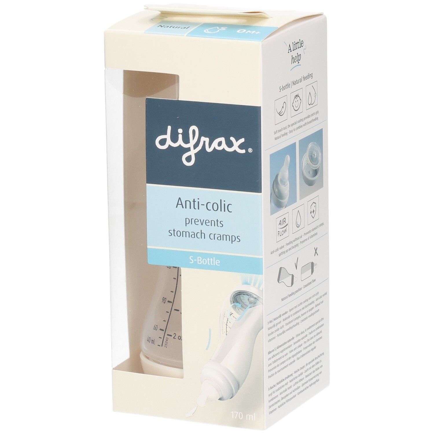 Verpackung mit Babyflasche. Marke: difrax. Text: Anti-colic, verhindert Bauchkrämpfe. S-Flasche. Sichtfenster.