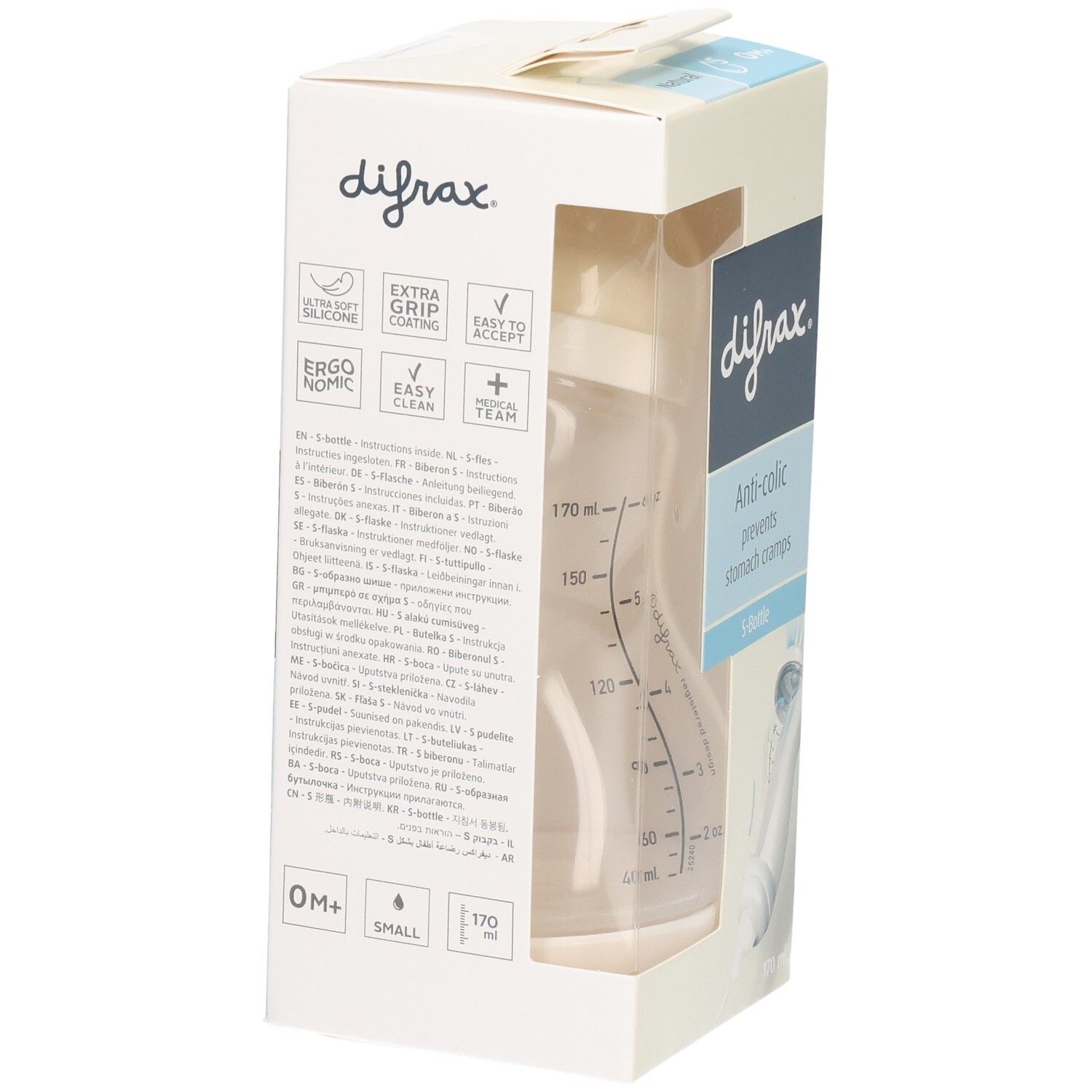 Verpackung mit Babyflasche. Marke: difrax. Text: Anti-colic, verhindert Bauchkrämpfe. S-Flasche. Skala.
