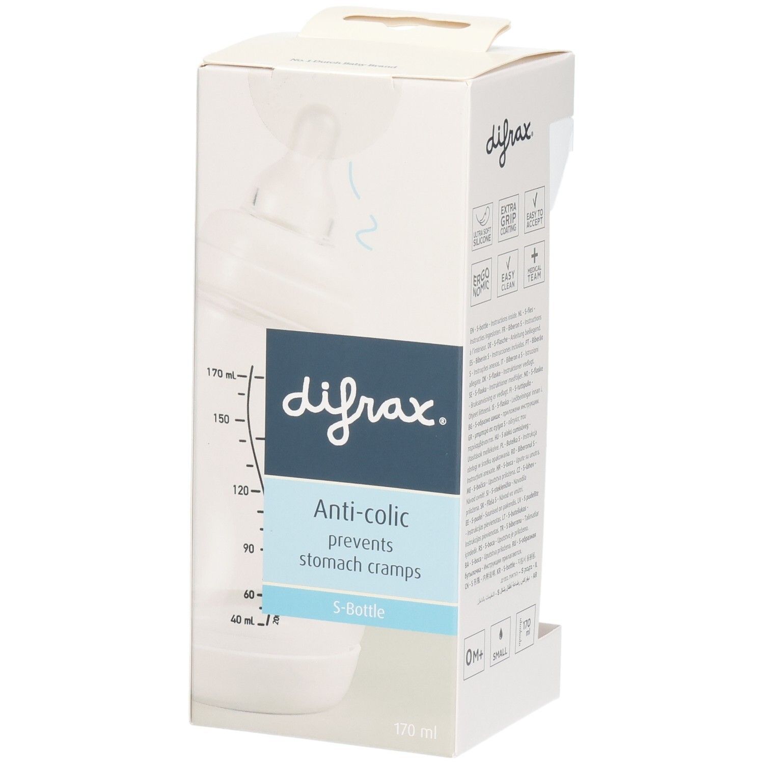 Verpackung mit Babyflasche. Marke: difrax. Text: Anti-colic, verhindert Bauchkrämpfe. S-Flasche. Sichtfenster.