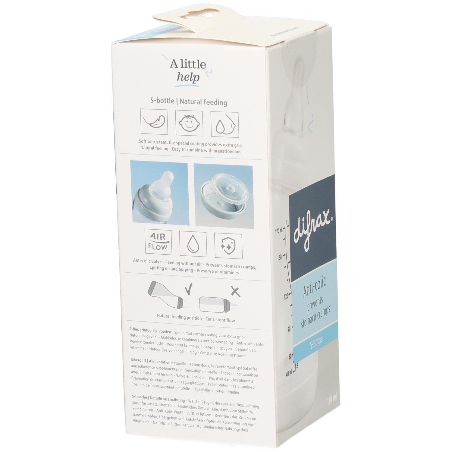 Verpackung mit Babyflasche. Marke: difrax. Text: Anti-colic, verhindert Bauchkrämpfe. S-Flasche. Rückseite.