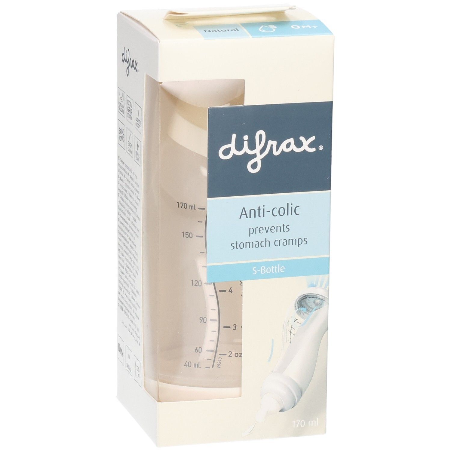 Verpackung mit Babyflasche. Marke: difrax. Text: Anti-colic, verhindert Bauchkrämpfe. S-Flasche. Sichtfenster.