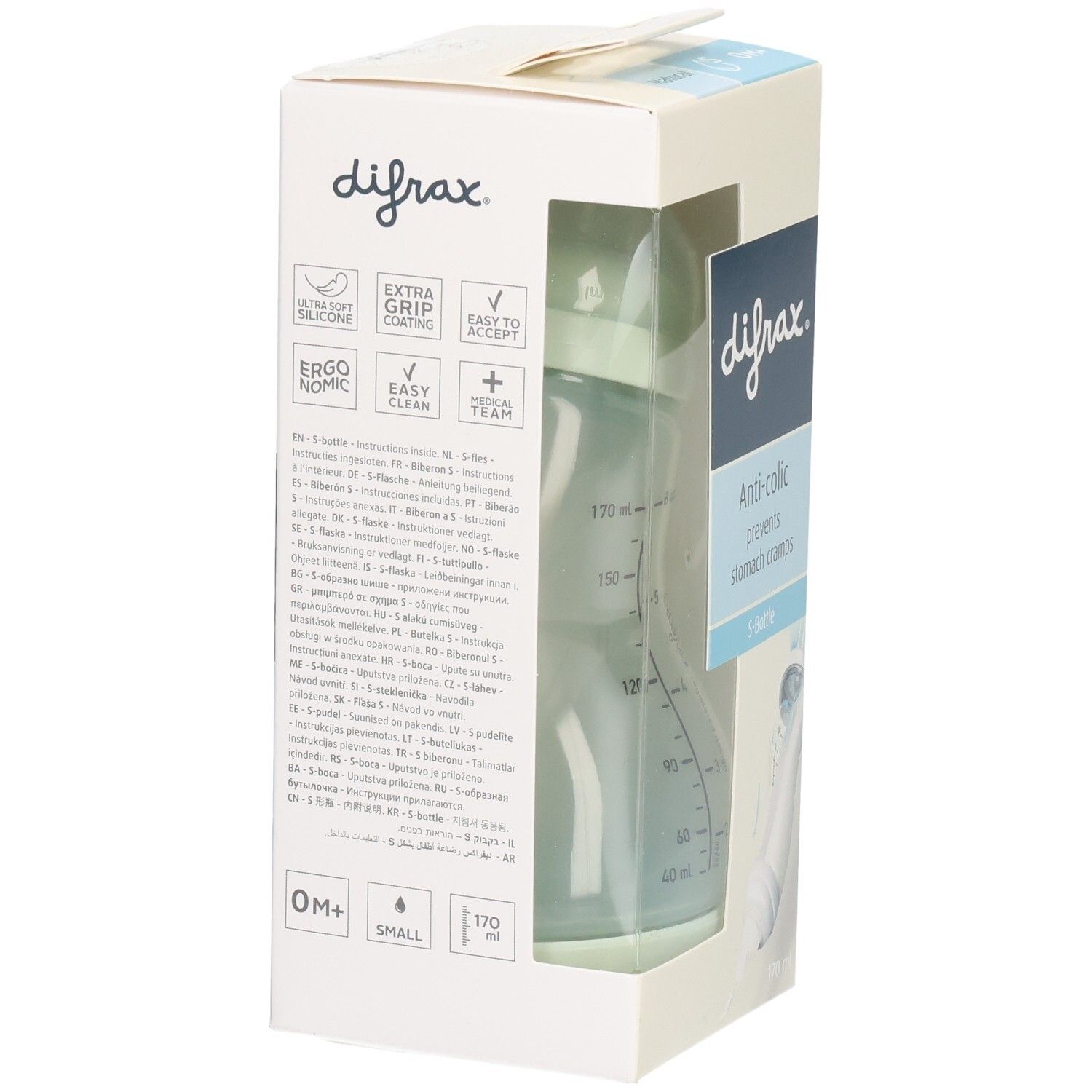 Verpackung mit Babyflasche. Marke Difrax, Anti-colic, S-Bottle. Flasche in hellgrün, Messskala. 170 ml. Zusätzliche Merkmale.