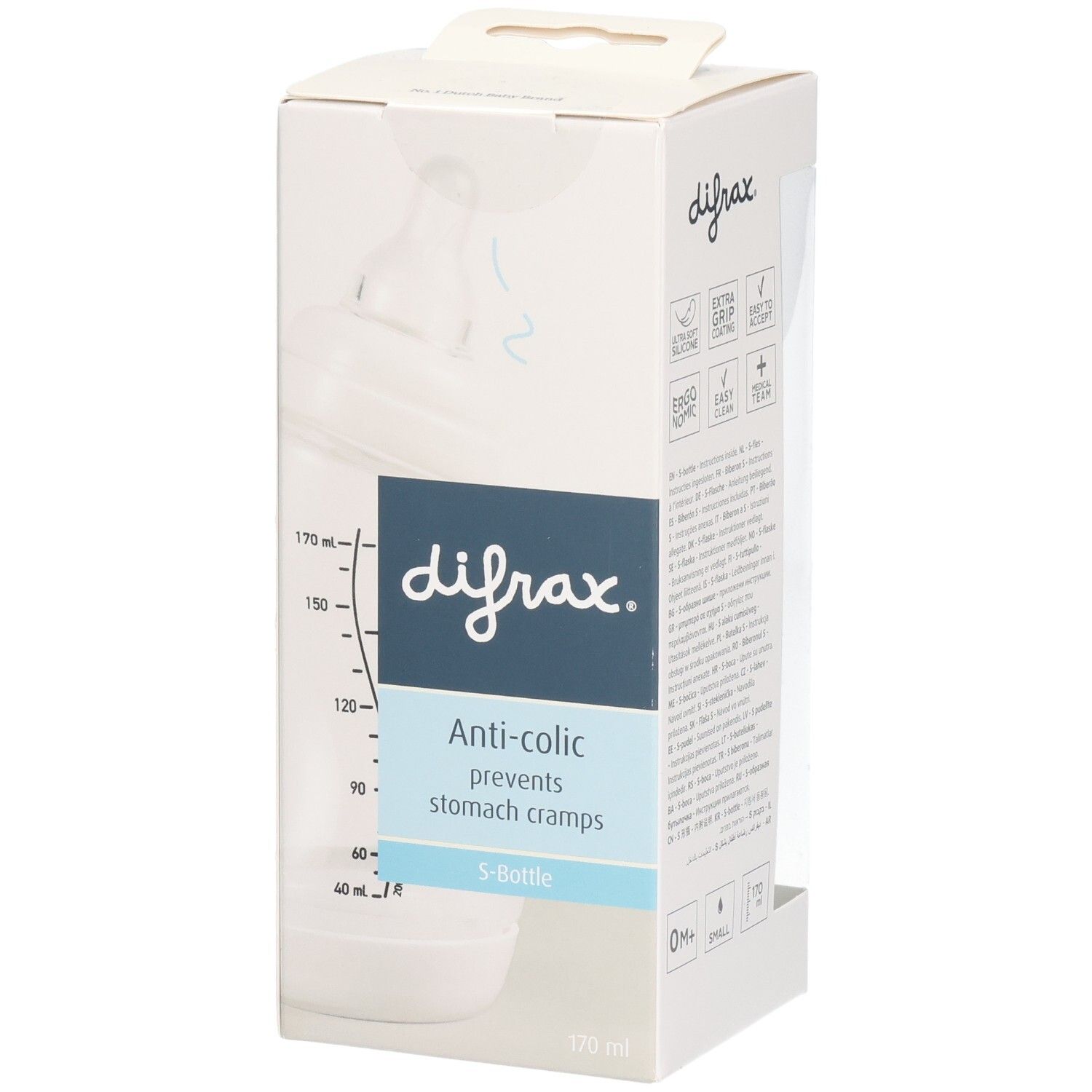 Verpackung mit Babyflasche. Marke Difrax, Anti-colic, S-Bottle. Flasche mit Messskala. 170 ml. Abbildung der Flasche.