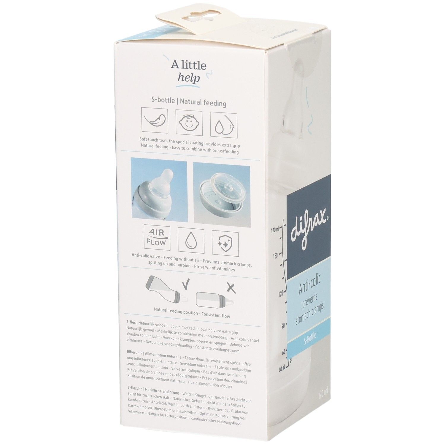 Verpackung mit Illustrationen. S-Bottle, natürliche Fütterung. Anti-colic. Abbildungen von Komponenten und Funktionen.