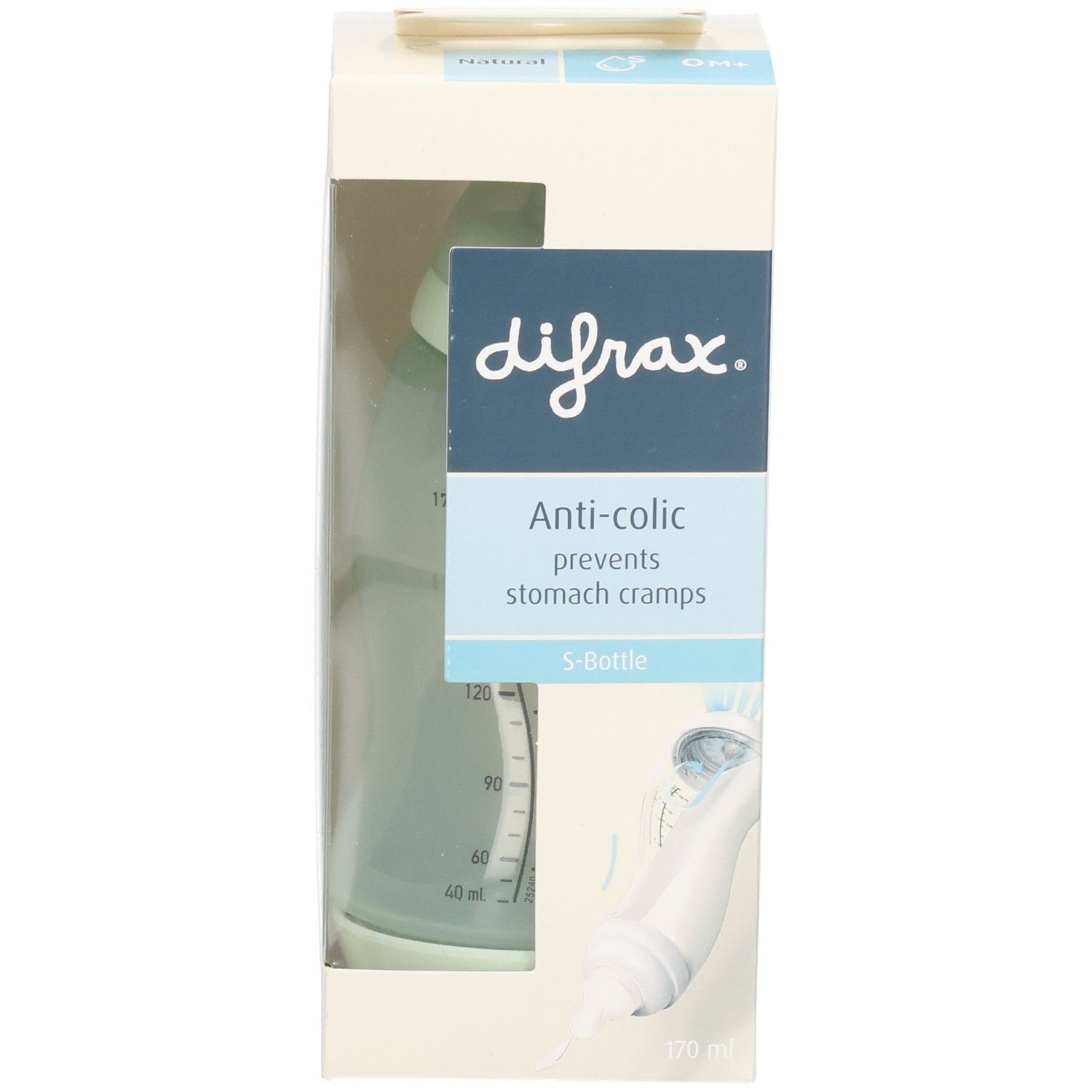 Verpackung mit Babyflasche. Marke Difrax, Anti-colic, S-Bottle. Flasche in hellgrün, Messskala. 170 ml.