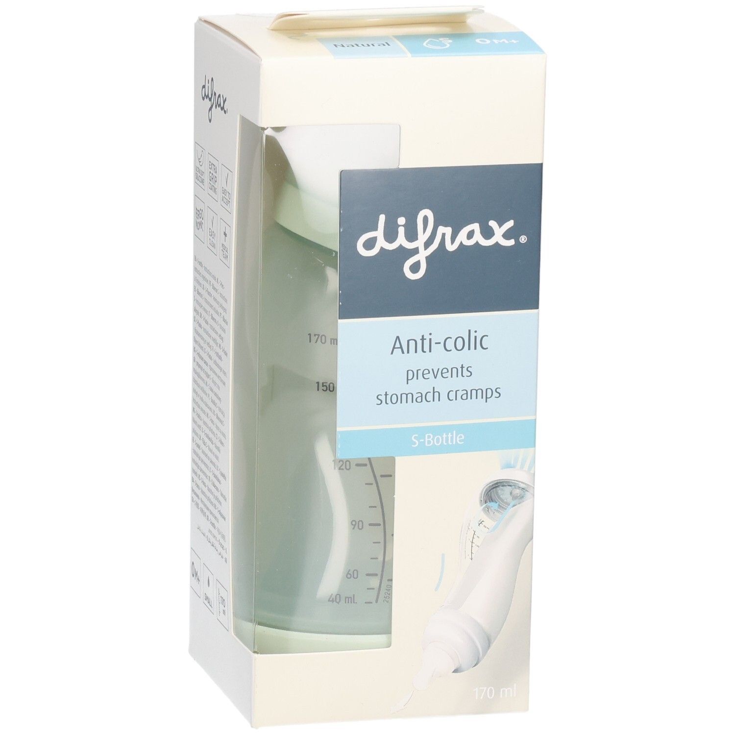 Verpackung mit Babyflasche. Marke Difrax, Anti-colic, S-Bottle. Flasche in hellgrün, Messskala. 170 ml.