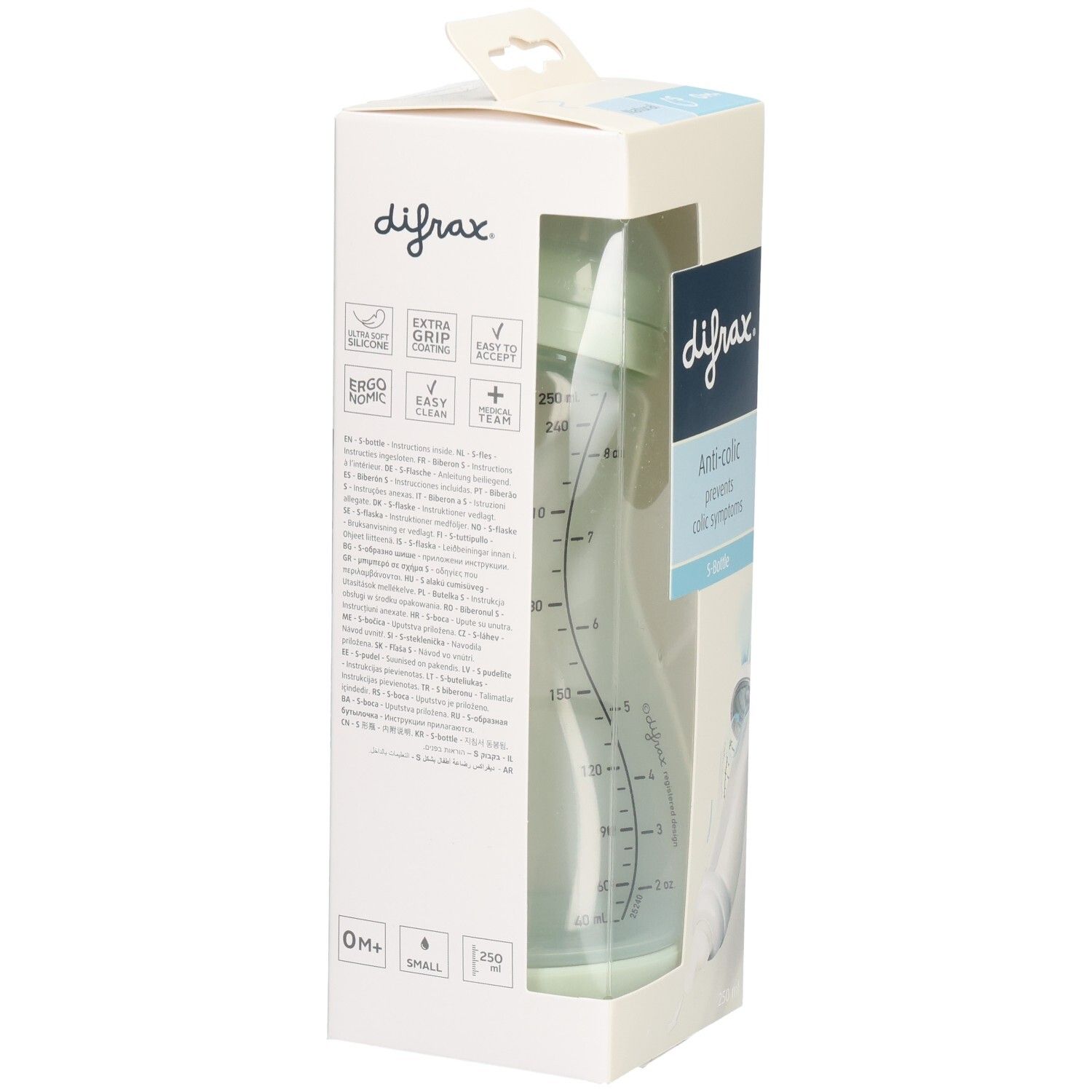 Verpackung mit Babyflasche. Sichtbar: Marke, Anti-Kolik-Funktion, Flaschenform, Messskala. Flasche grünlich.