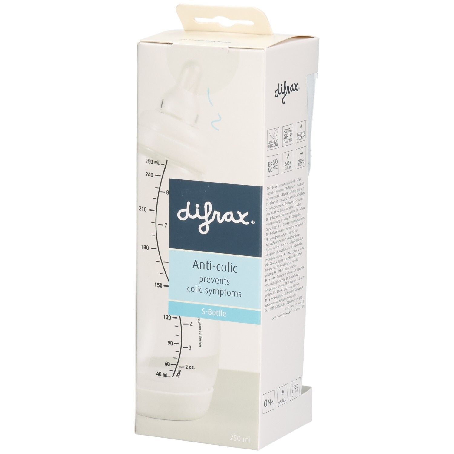 Verpackung mit Babyflasche. Sichtbar: Marke, Anti-Kolik-Funktion, Flaschenform, Messskala. Flasche transparent.