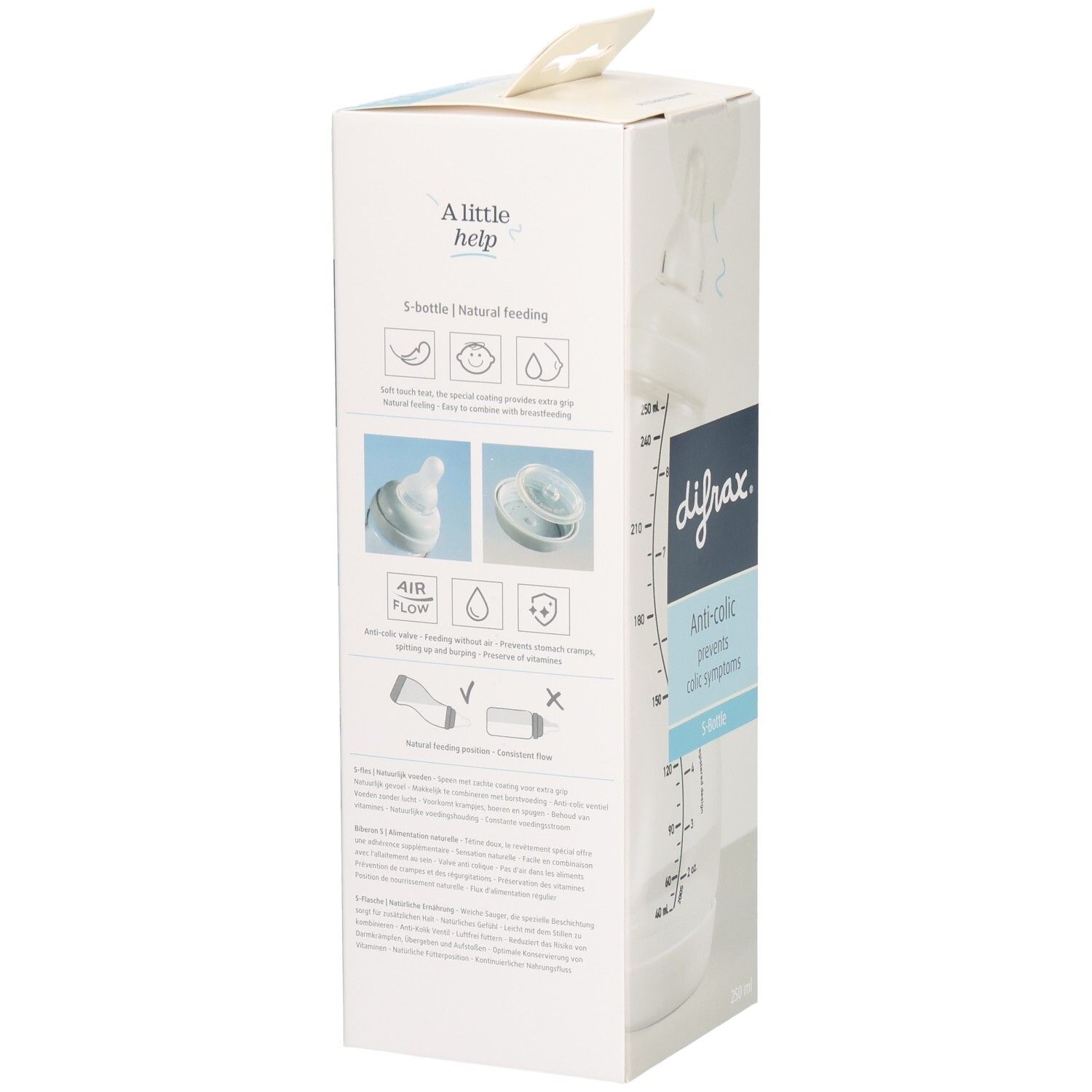 Verpackung mit Babyflasche. Sichtbar: Marke, Anti-Kolik-Funktion, Flaschenform, Messskala. Rückseite mit Text.