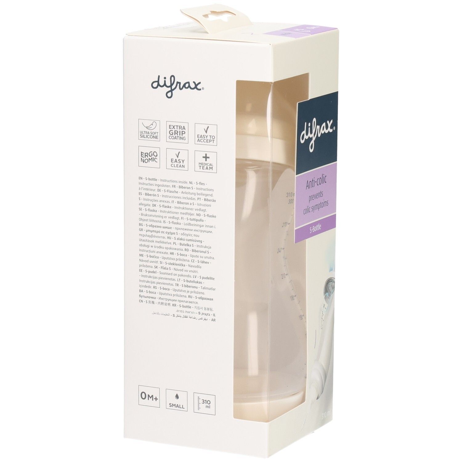 Verpackung mit Babyflasche. Sichtbar: Marke, Anti-Kolik-Funktion, S-Flasche, 310 ml. Flasche in der Verpackung.