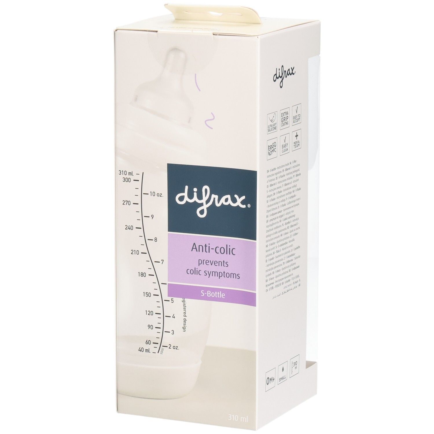 Verpackung mit Babyflasche. Sichtbar: Marke, Anti-Kolik-Funktion, S-Flasche, Messskala. Flasche in der Verpackung.